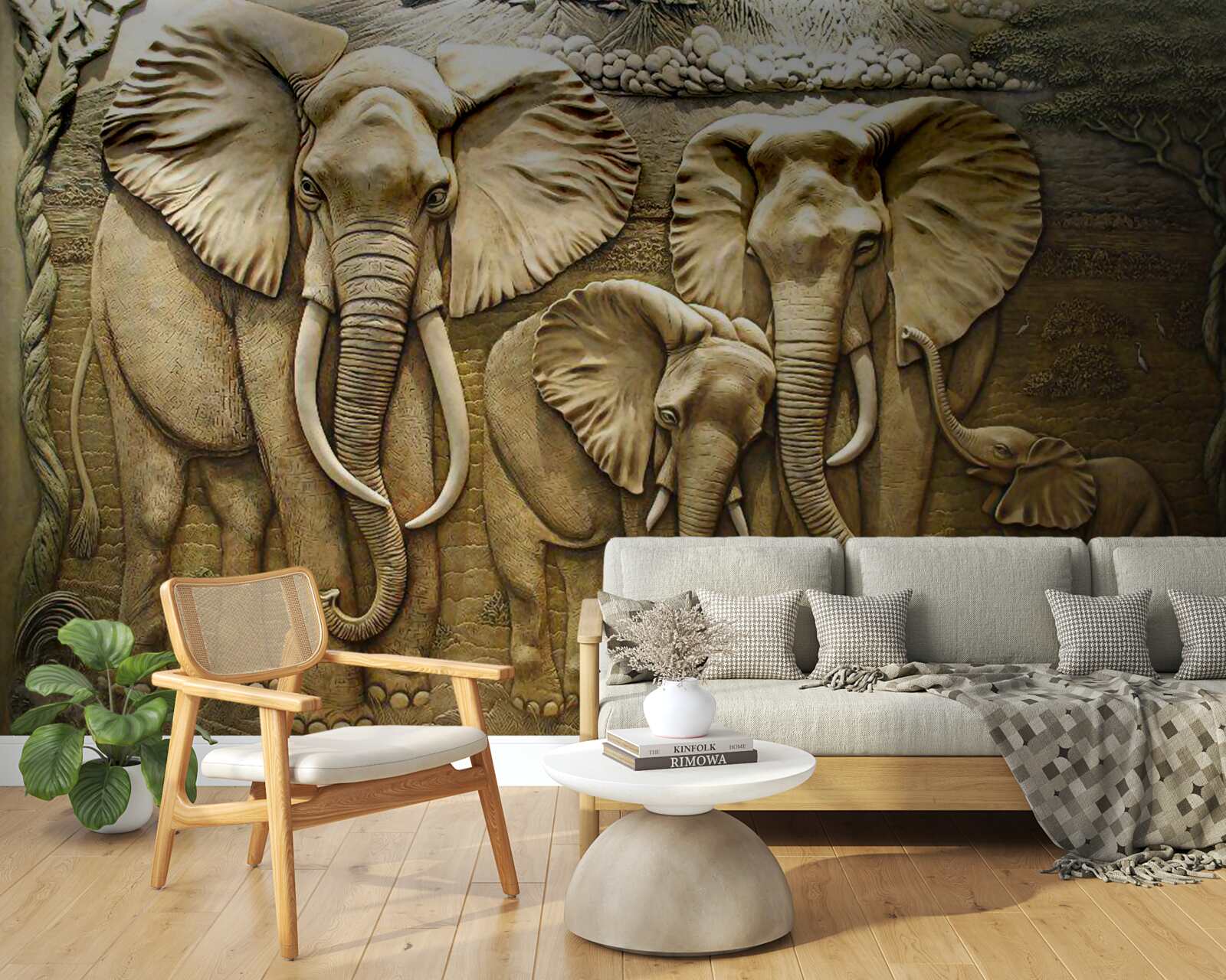 Fotobehang olifantenfamilie in beeldhouwwerk