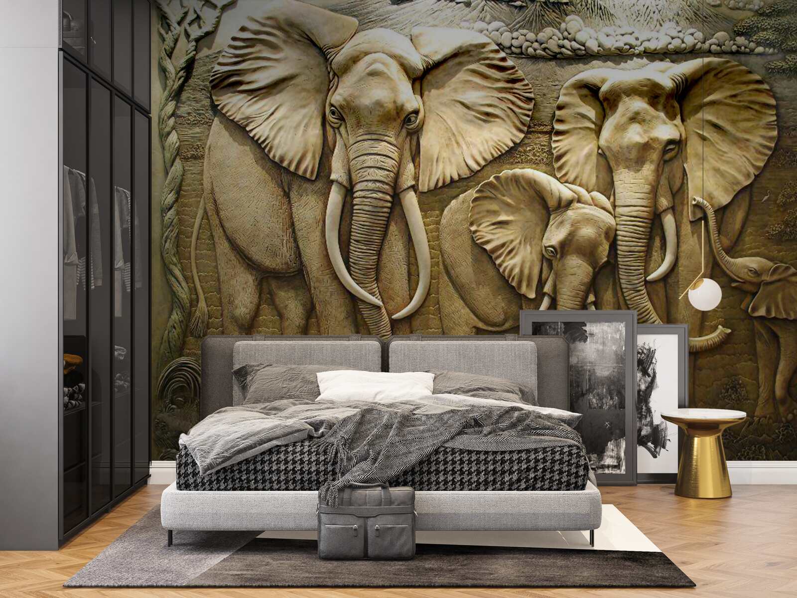 Fotobehang olifantenfamilie in beeldhouwwerk