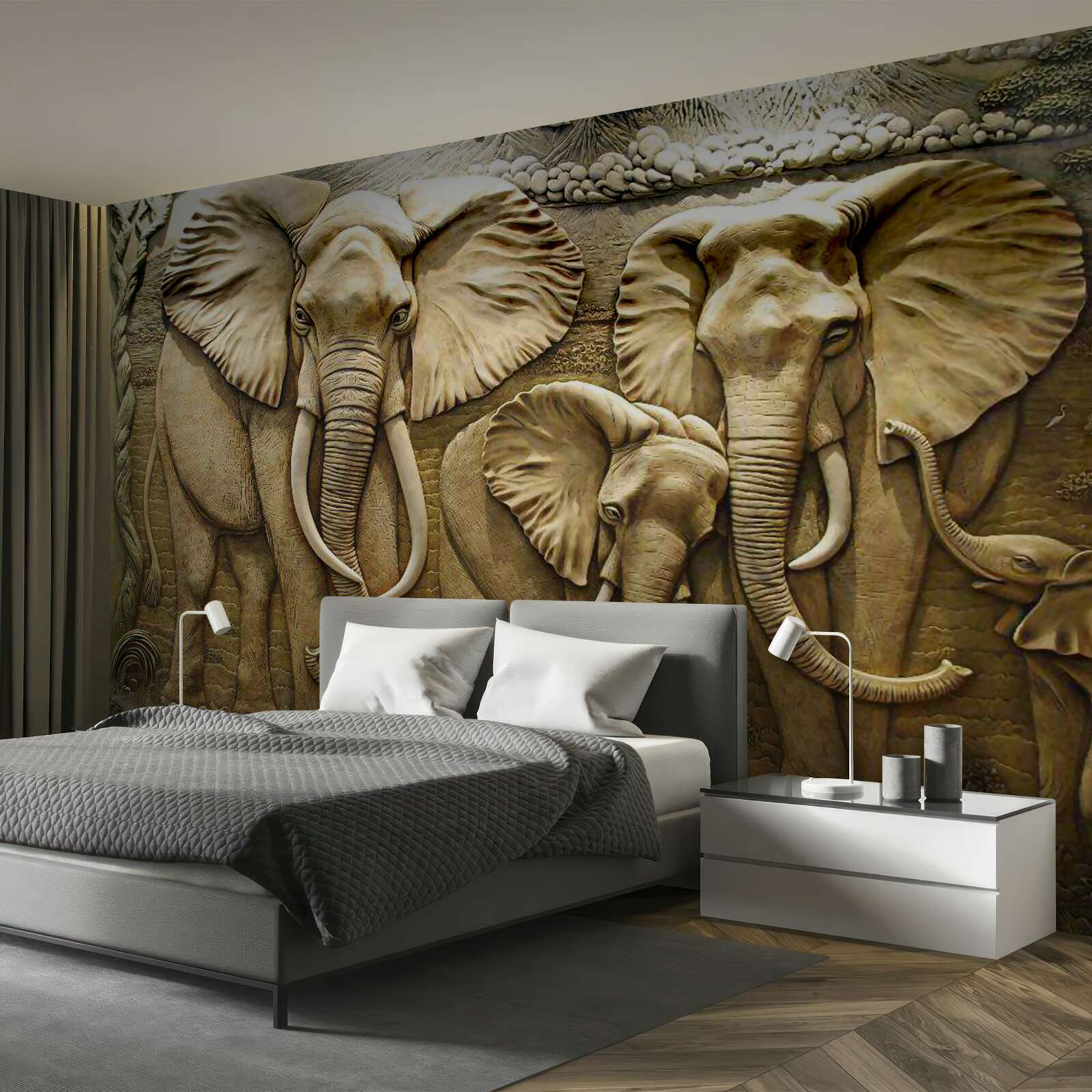 Fotobehang olifantenfamilie in beeldhouwwerk