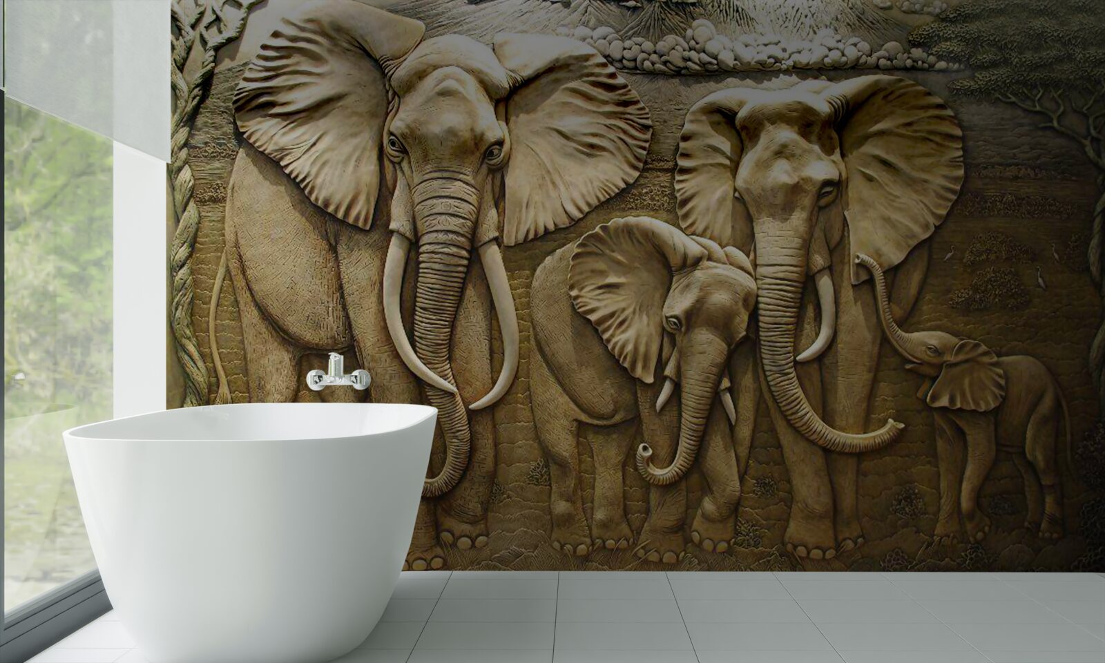 Fotobehang olifantenfamilie in beeldhouwwerk