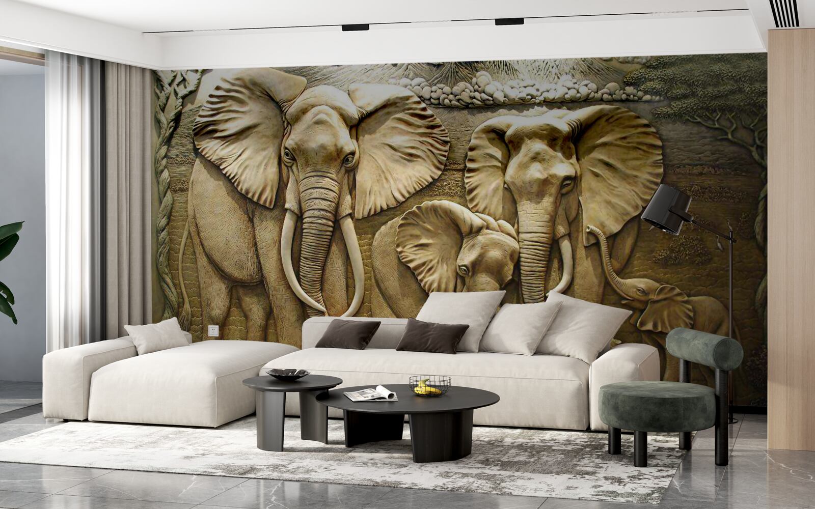 Fotobehang olifantenfamilie in beeldhouwwerk