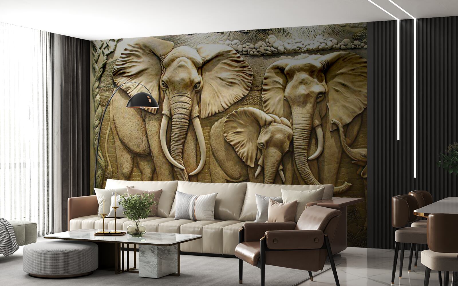 Fotobehang olifantenfamilie in beeldhouwwerk