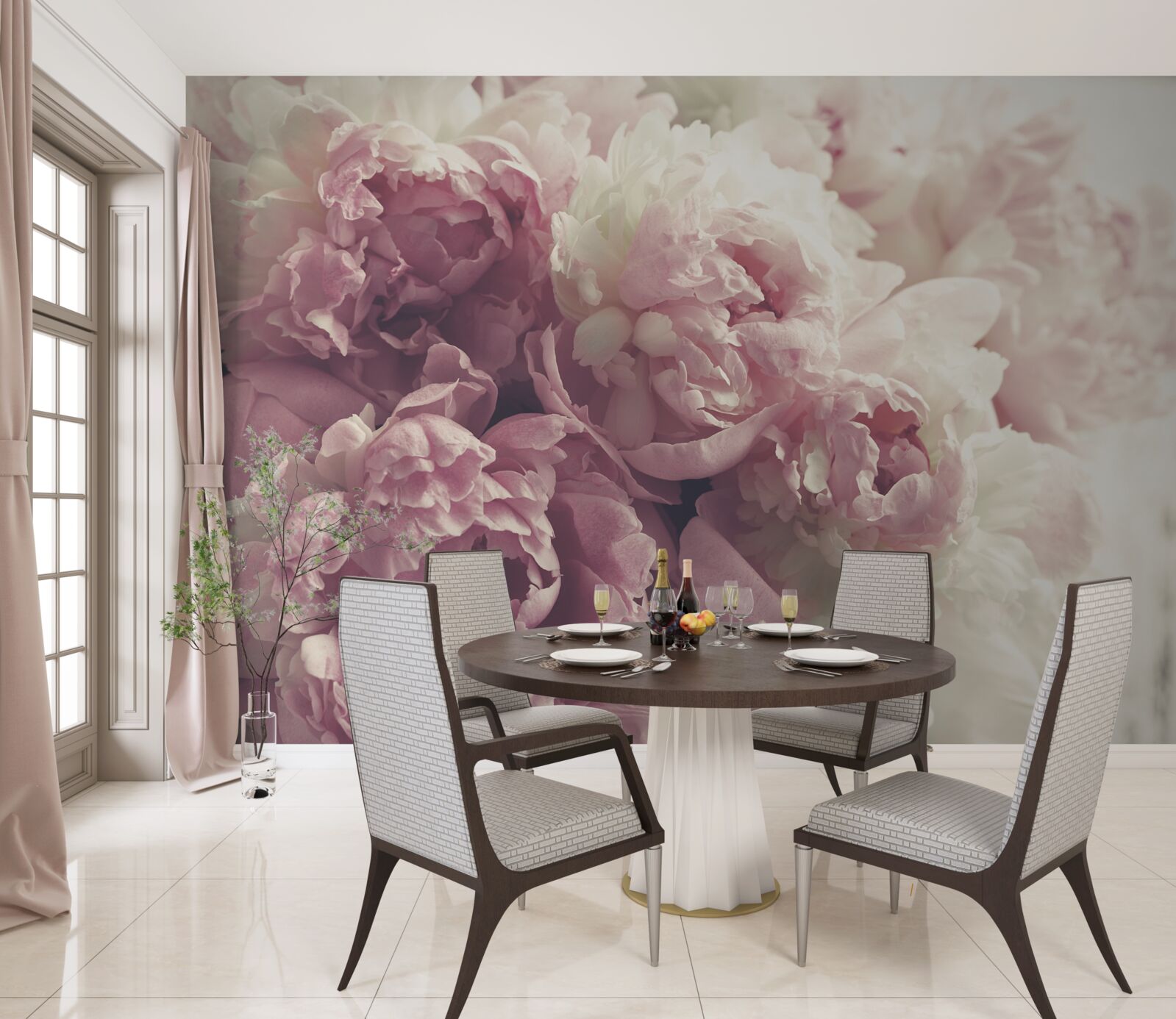 Fotobehang Boog van roze pioenen