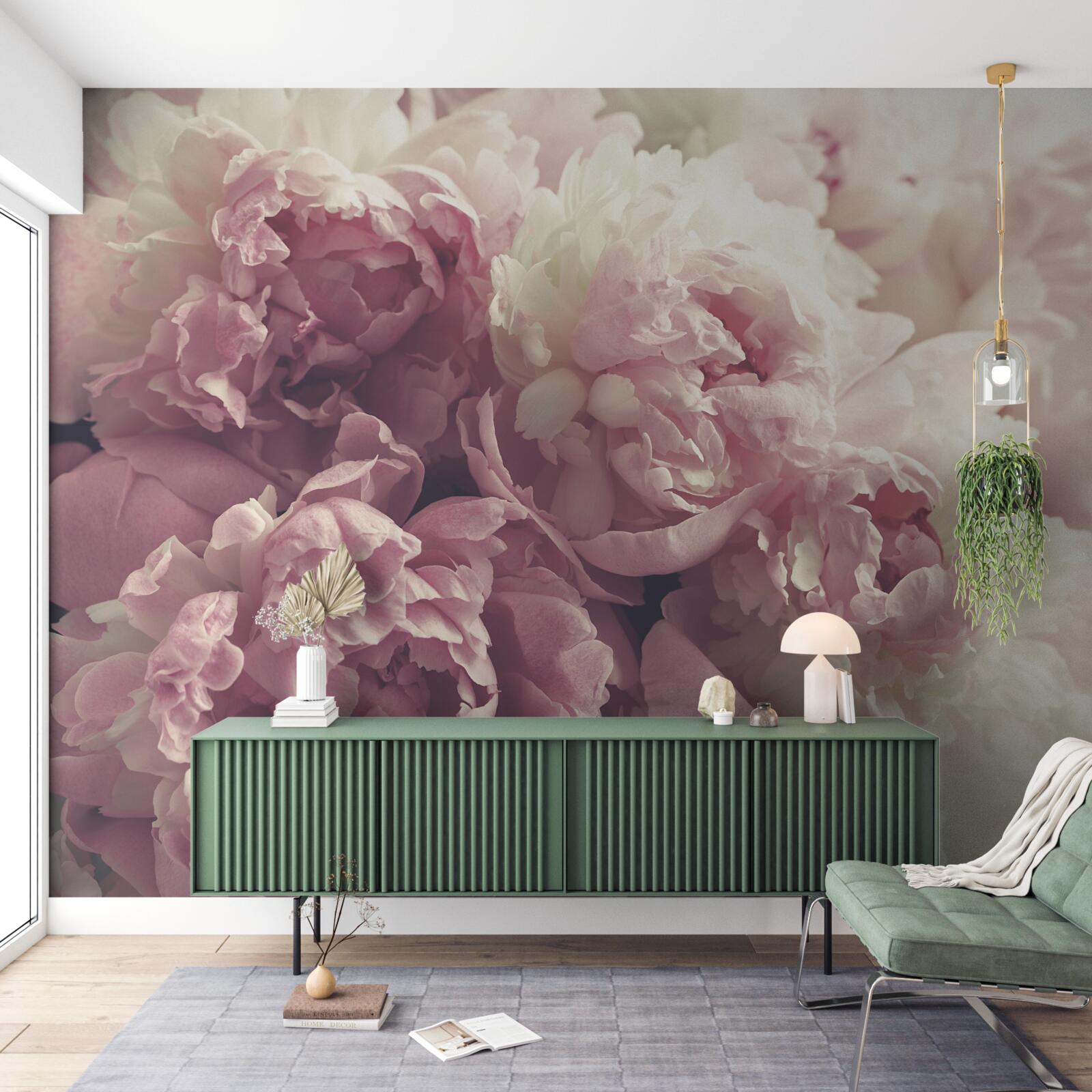 Fotobehang Boog van roze pioenen