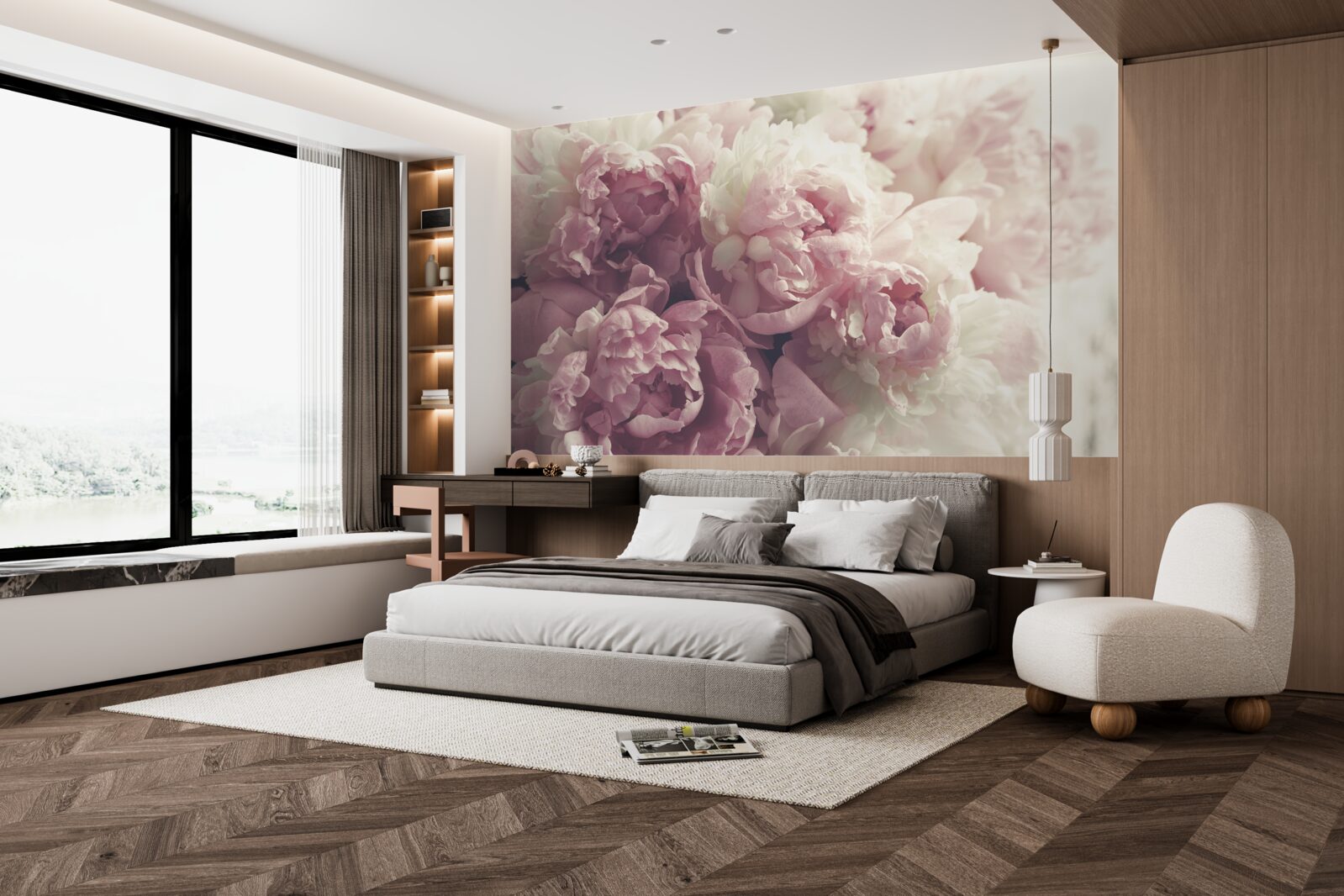 Fotobehang Boog van roze pioenen