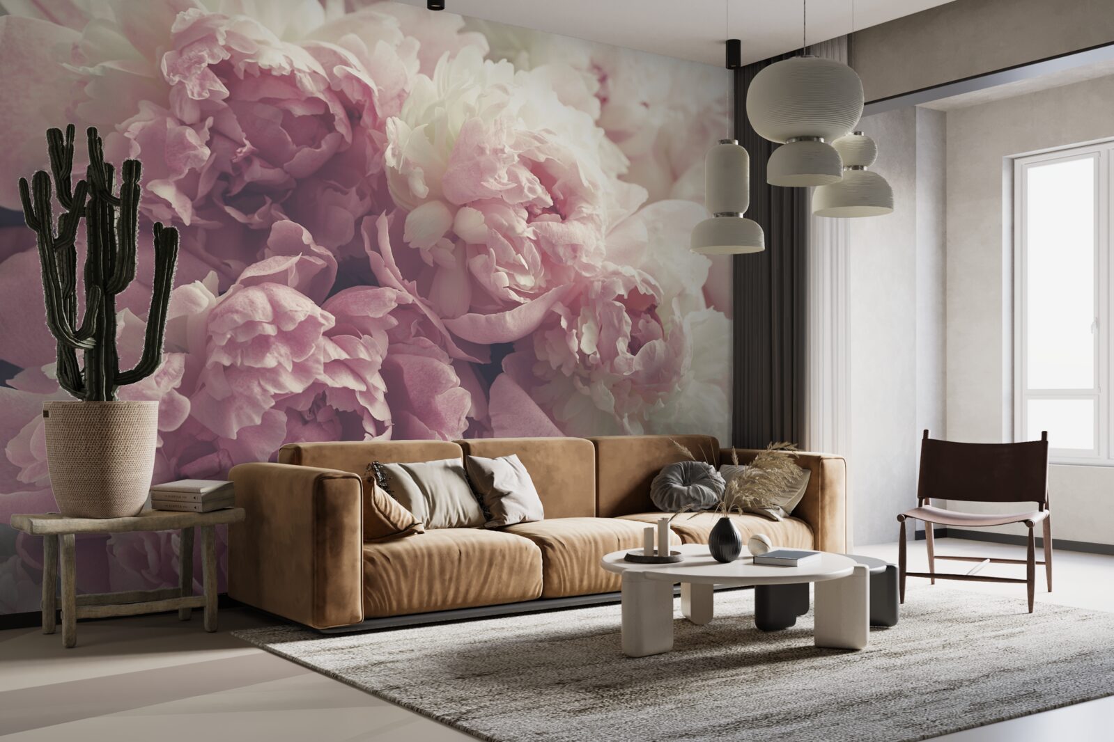 Fotobehang Boog van roze pioenen