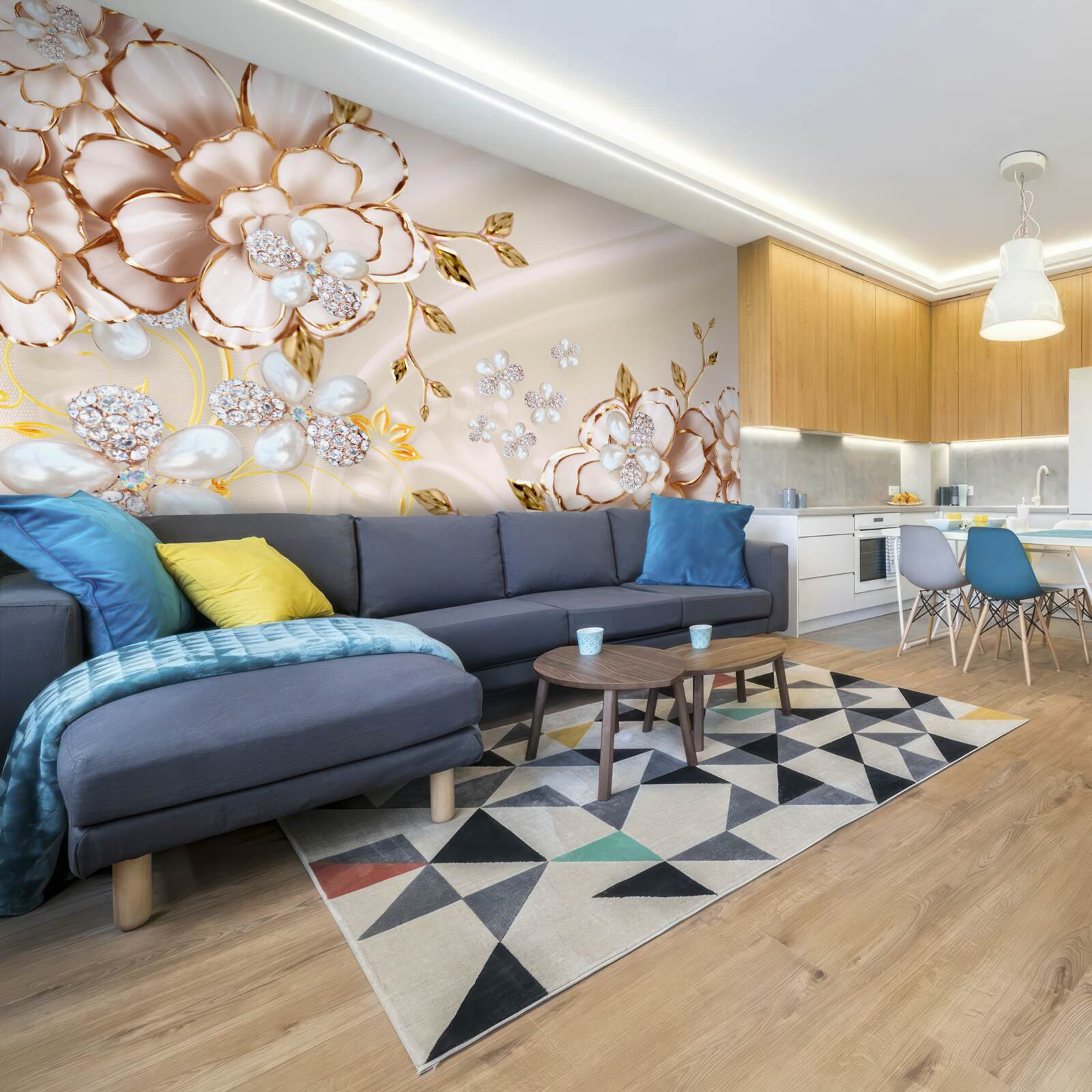 Fotobehang bloemen met gouddiamantbrokaat