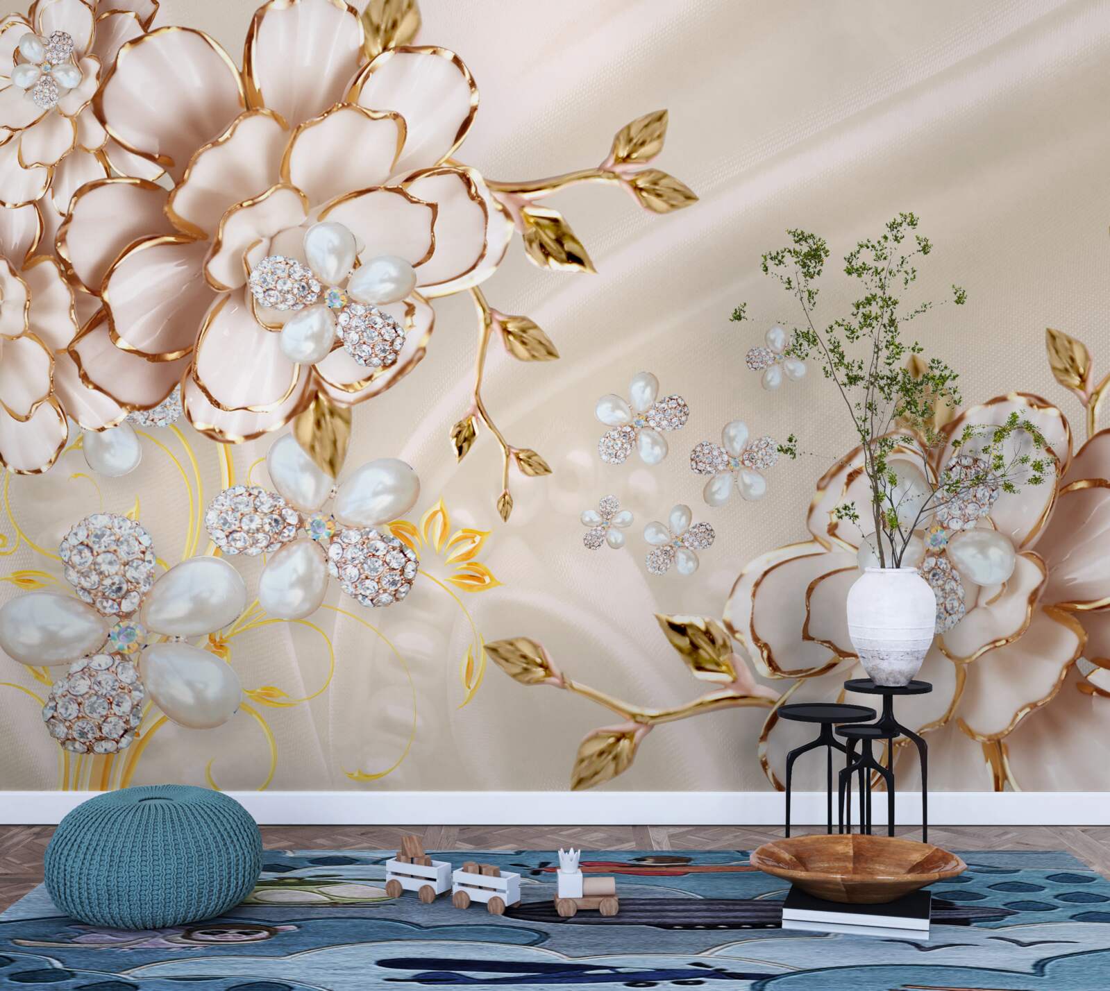 Fotobehang bloemen met gouddiamantbrokaat