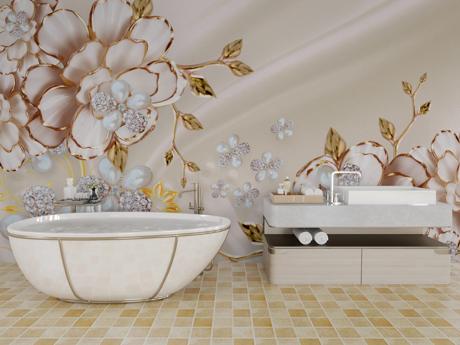 Fotobehang bloemen met gouddiamantbrokaat