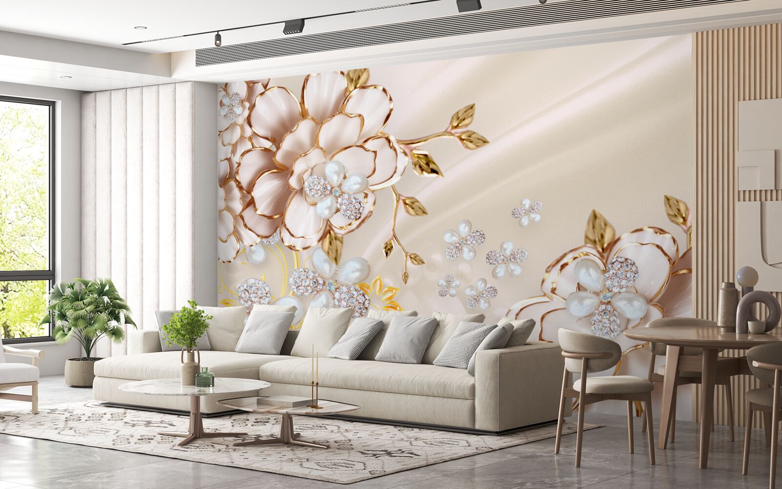 Fotobehang bloemen met gouddiamantbrokaat