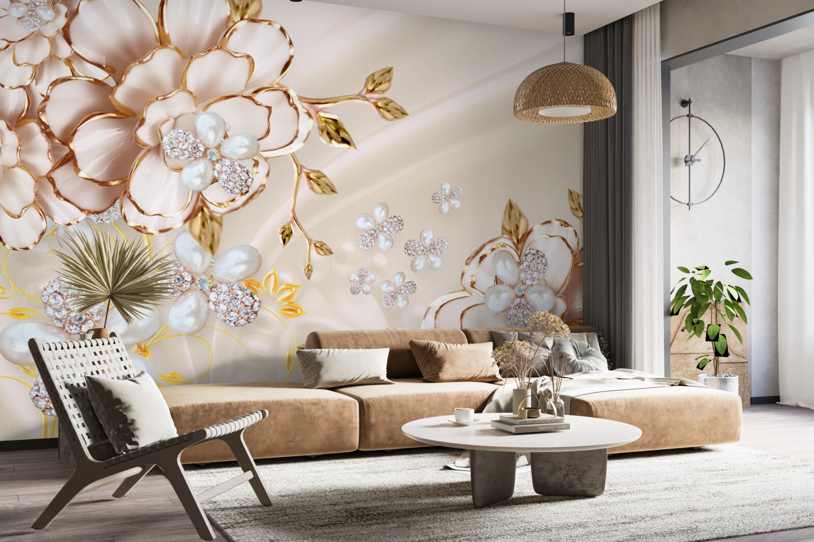 Fotobehang bloemen met gouddiamantbrokaat