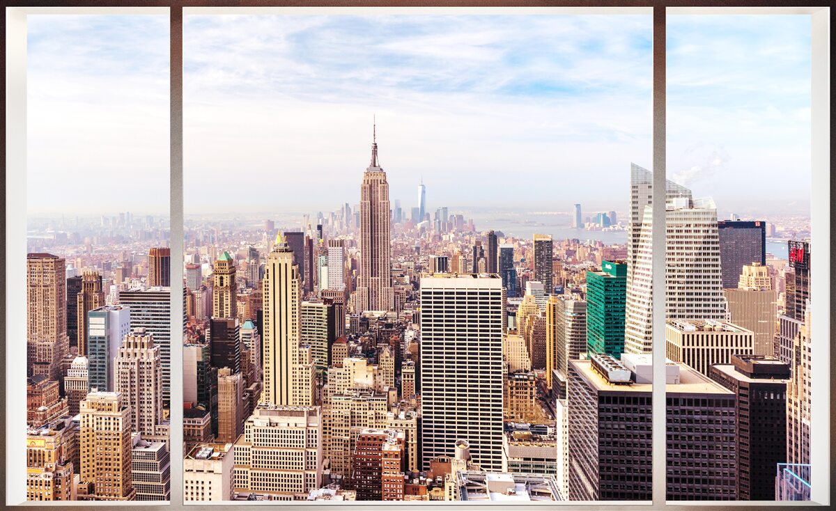 Fotobehang panoramisch uitzicht op de stad vanuit het raam