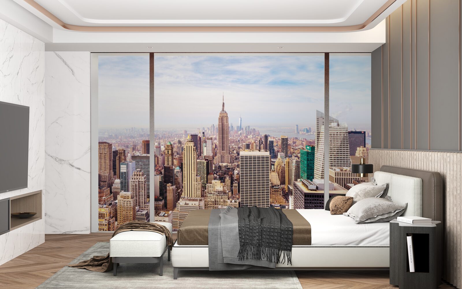 Fotobehang panoramisch uitzicht op de stad vanuit het raam