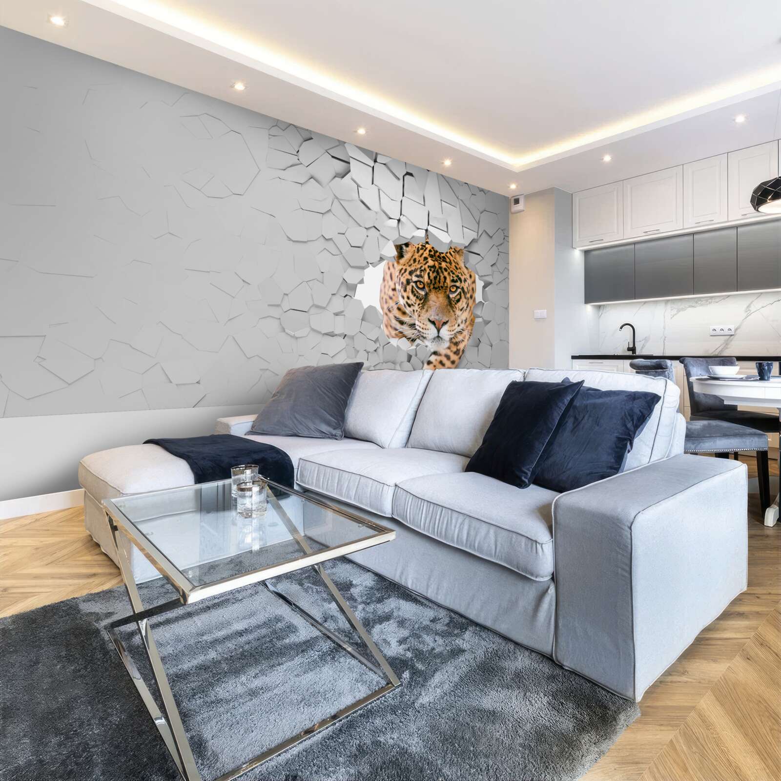 Fotobehang luipaard breekt door stenen barrière