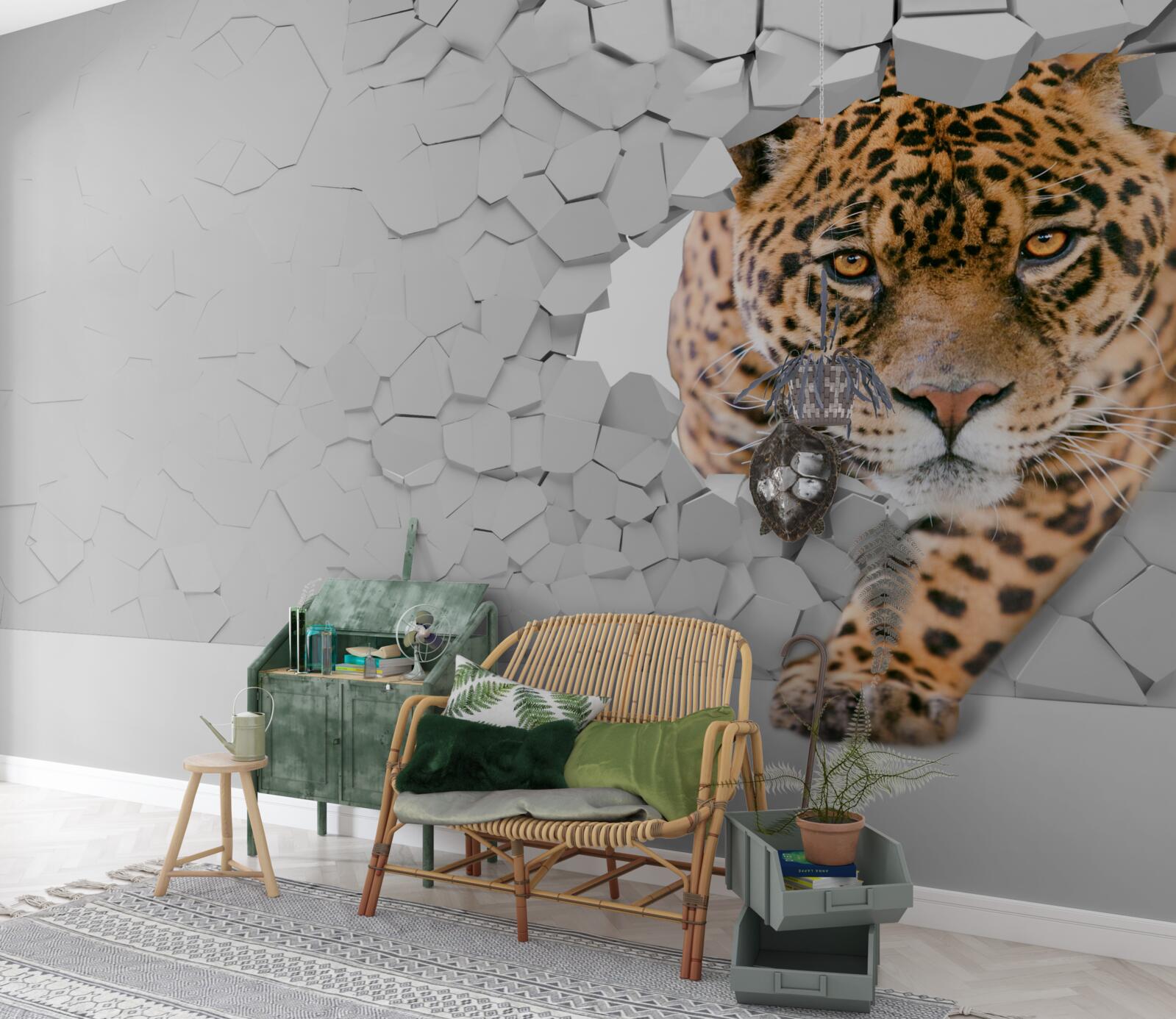 Fotobehang luipaard breekt door stenen barrière