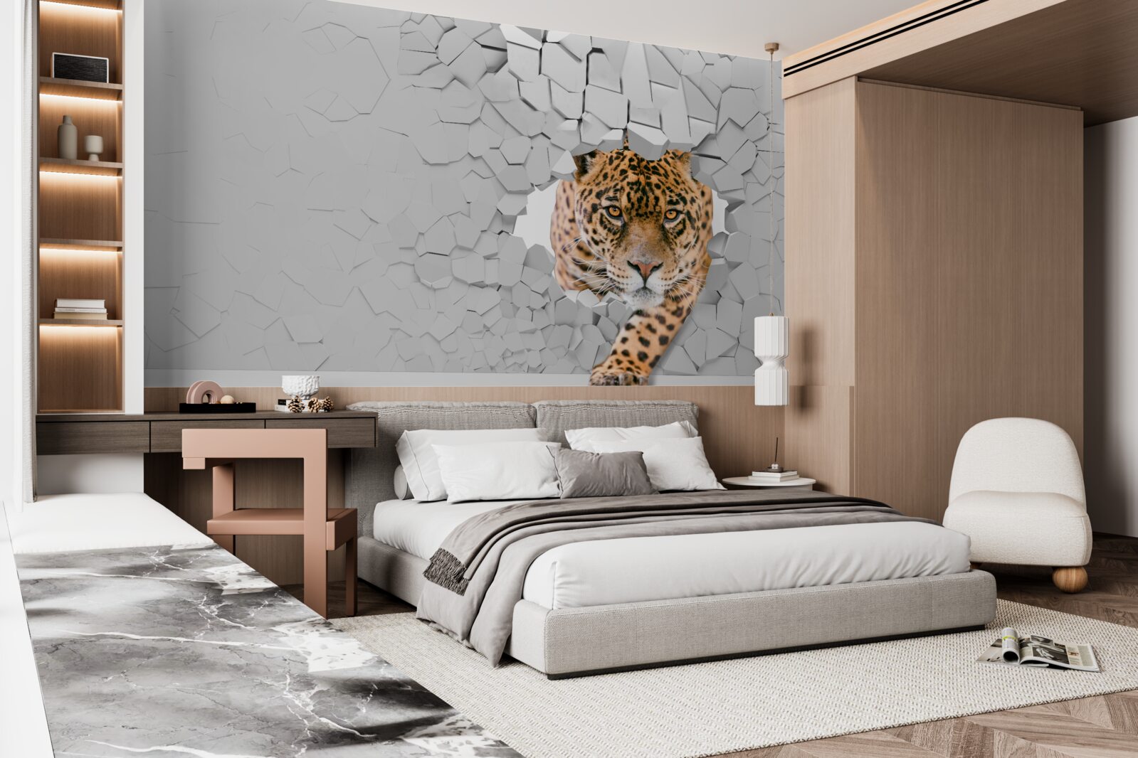 Fotobehang luipaard breekt door stenen barrière