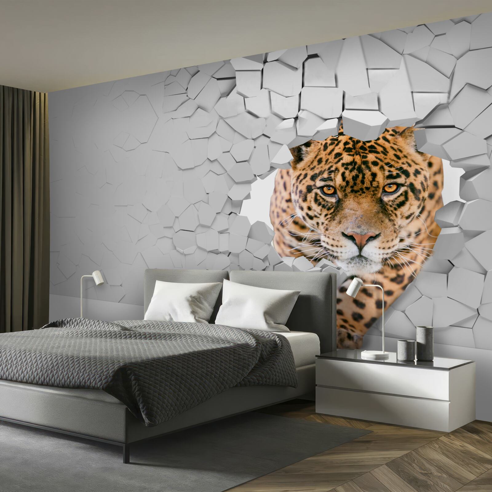 Fotobehang luipaard breekt door stenen barrière