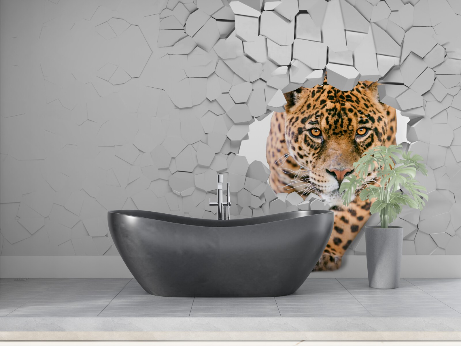 Fotobehang luipaard breekt door stenen barrière