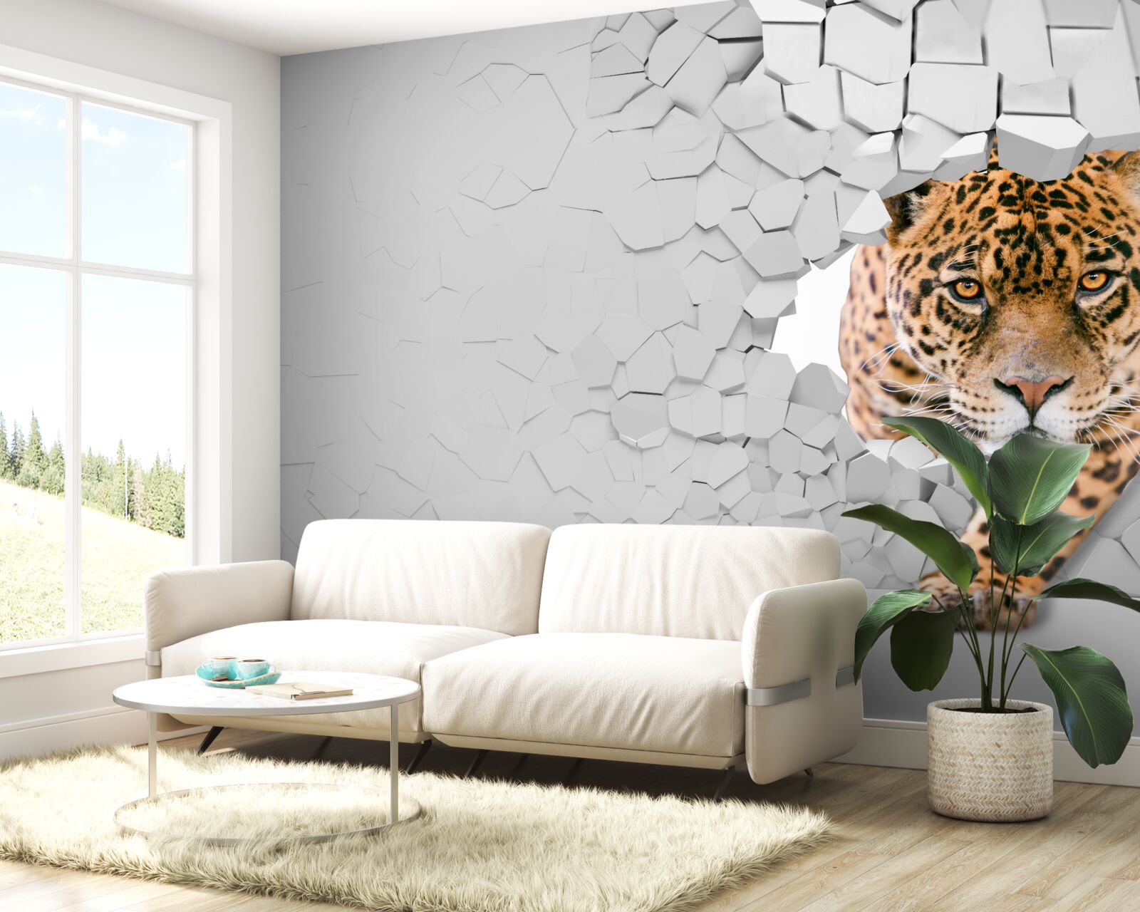 Fotobehang luipaard breekt door stenen barrière