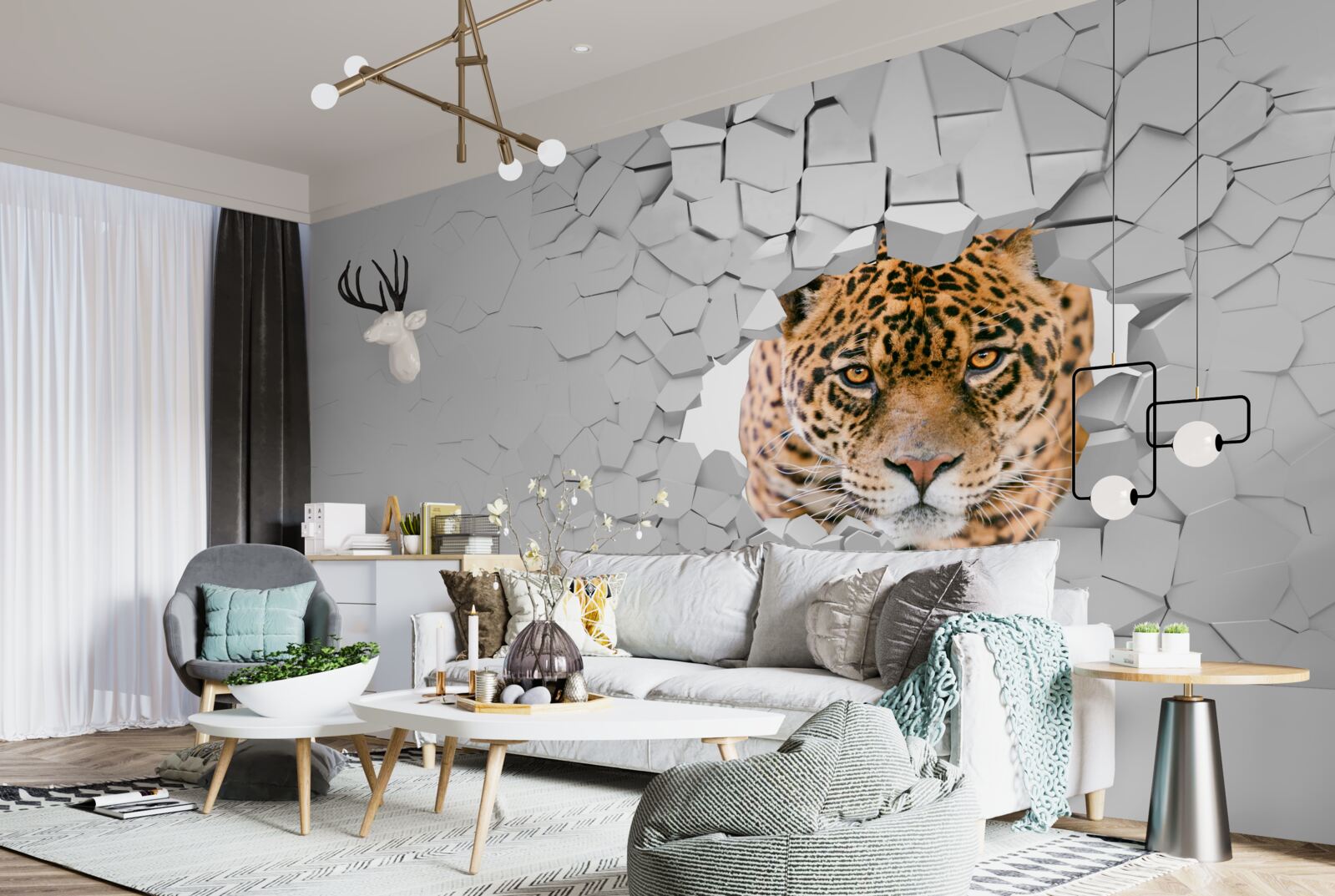 Fotobehang luipaard breekt door stenen barrière