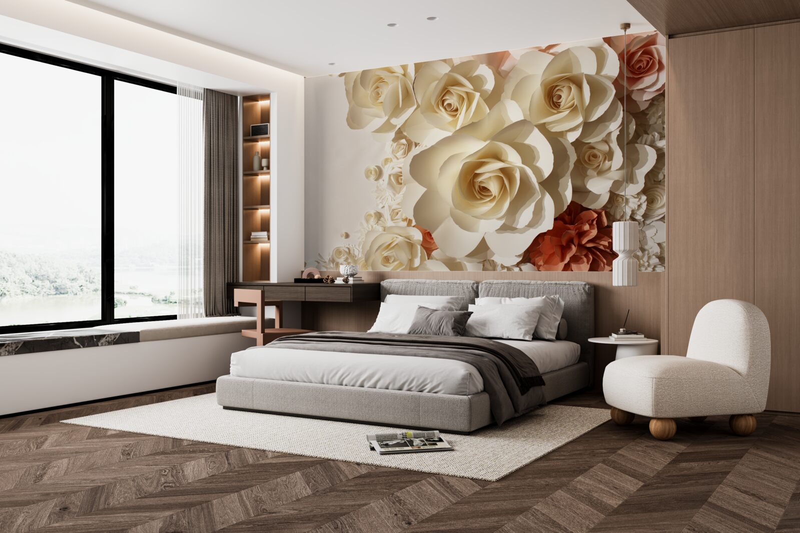 Fotobehang grote witte rozen