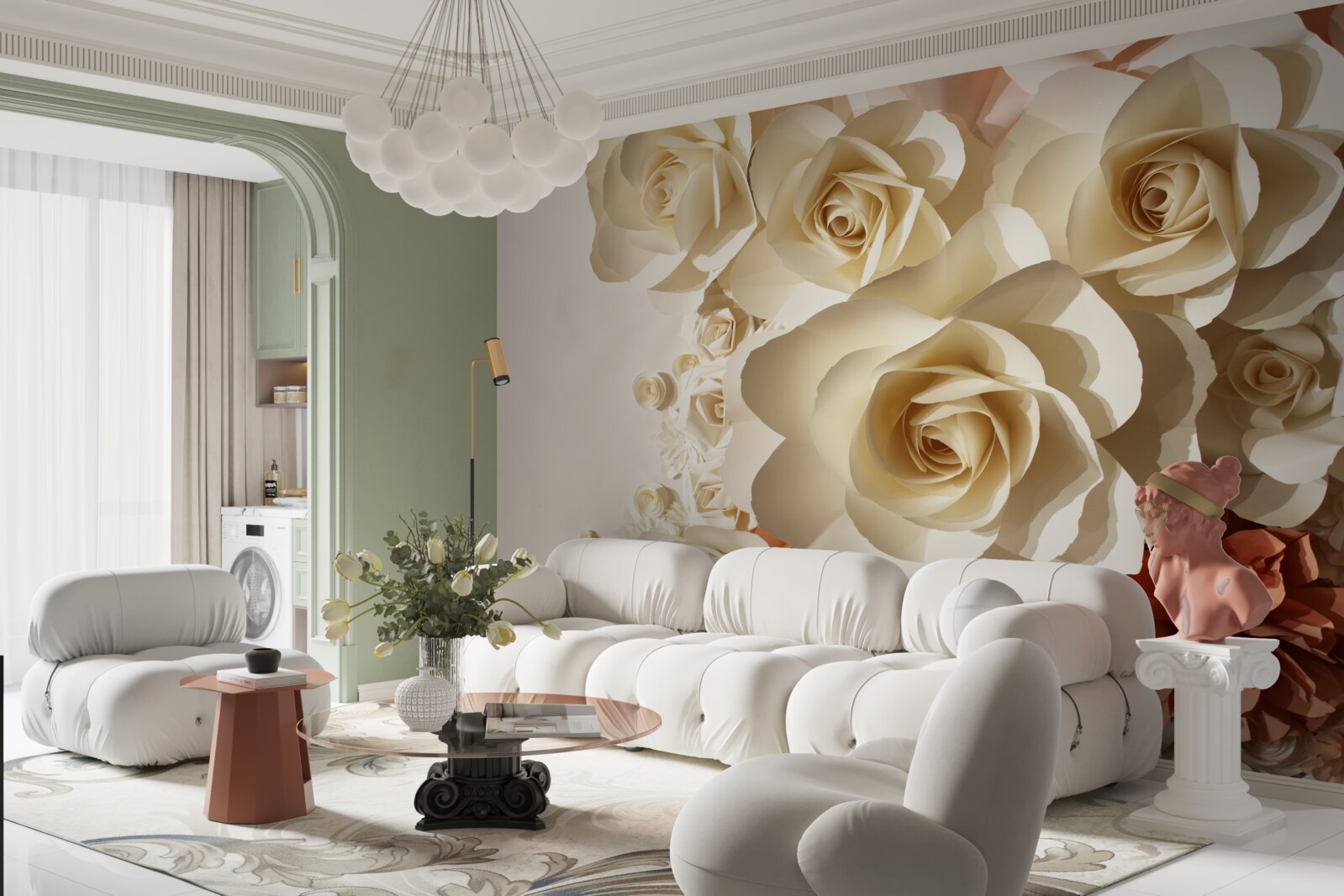 Fotobehang grote witte rozen