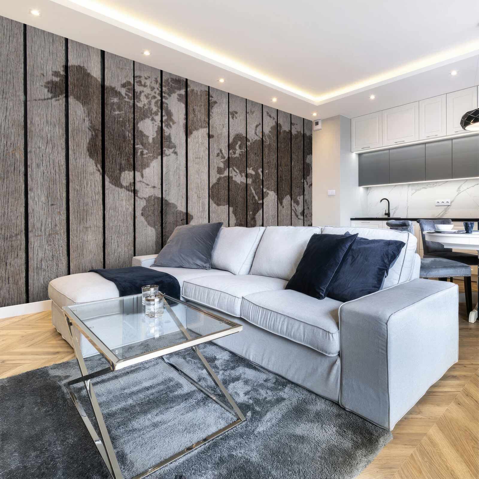 Fotobehang wereldkaart op houten planken