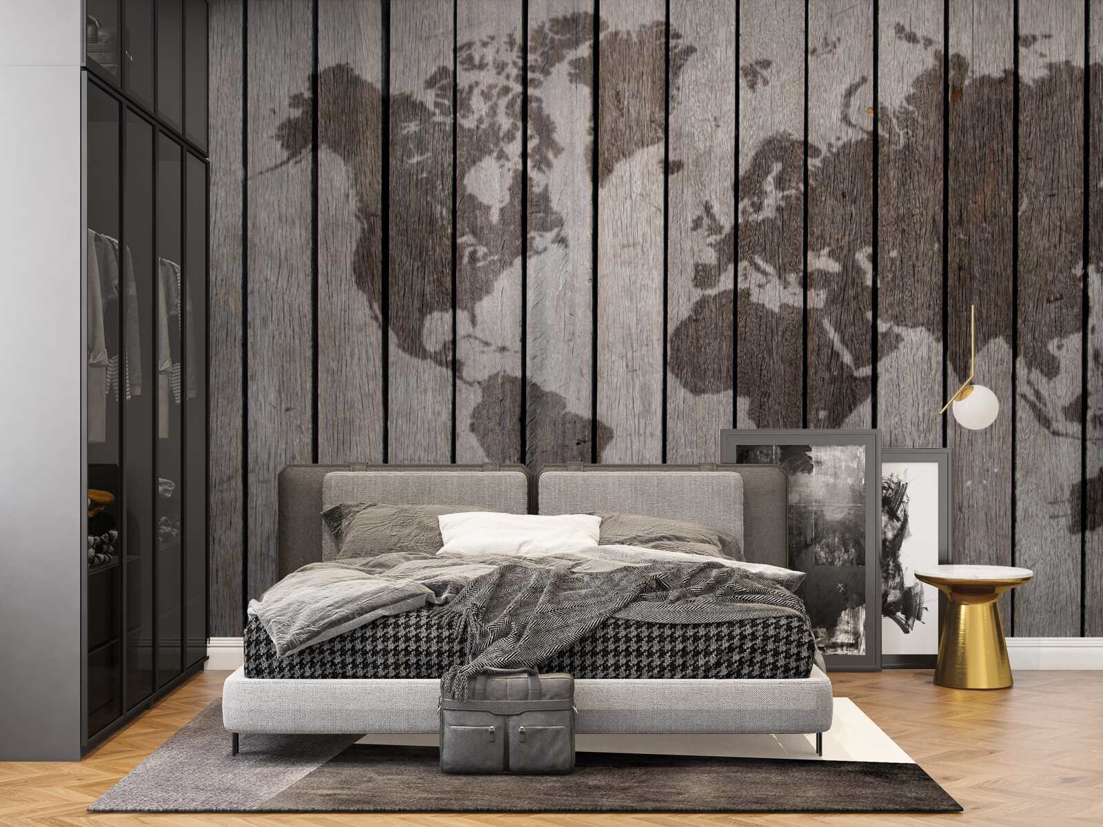 Fotobehang wereldkaart op houten planken