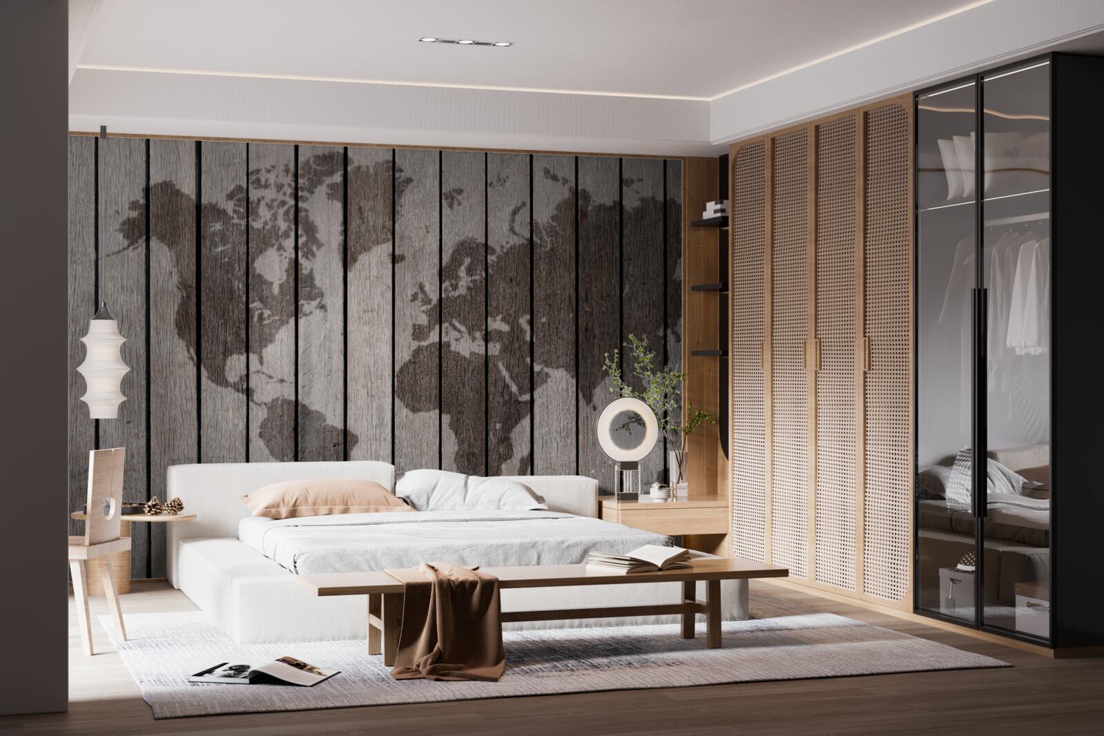 Fotobehang wereldkaart op houten planken