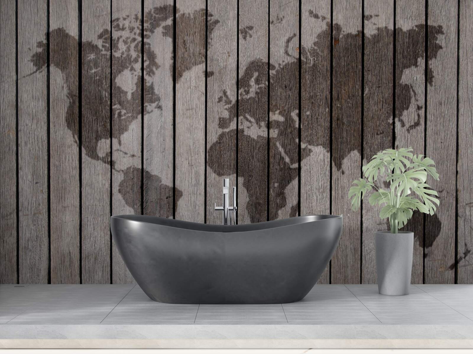 Fotobehang wereldkaart op houten planken