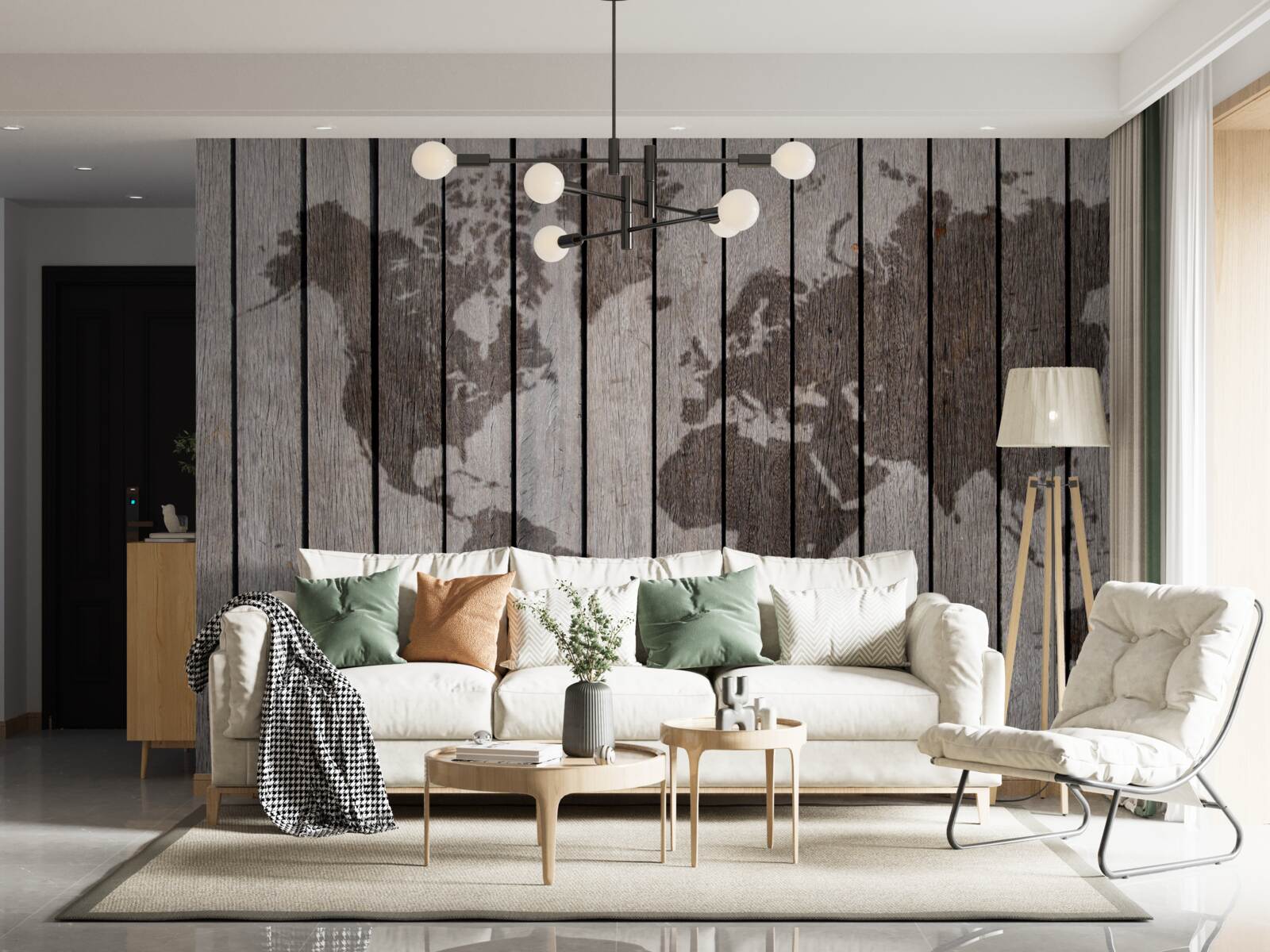 Fotobehang wereldkaart op houten planken