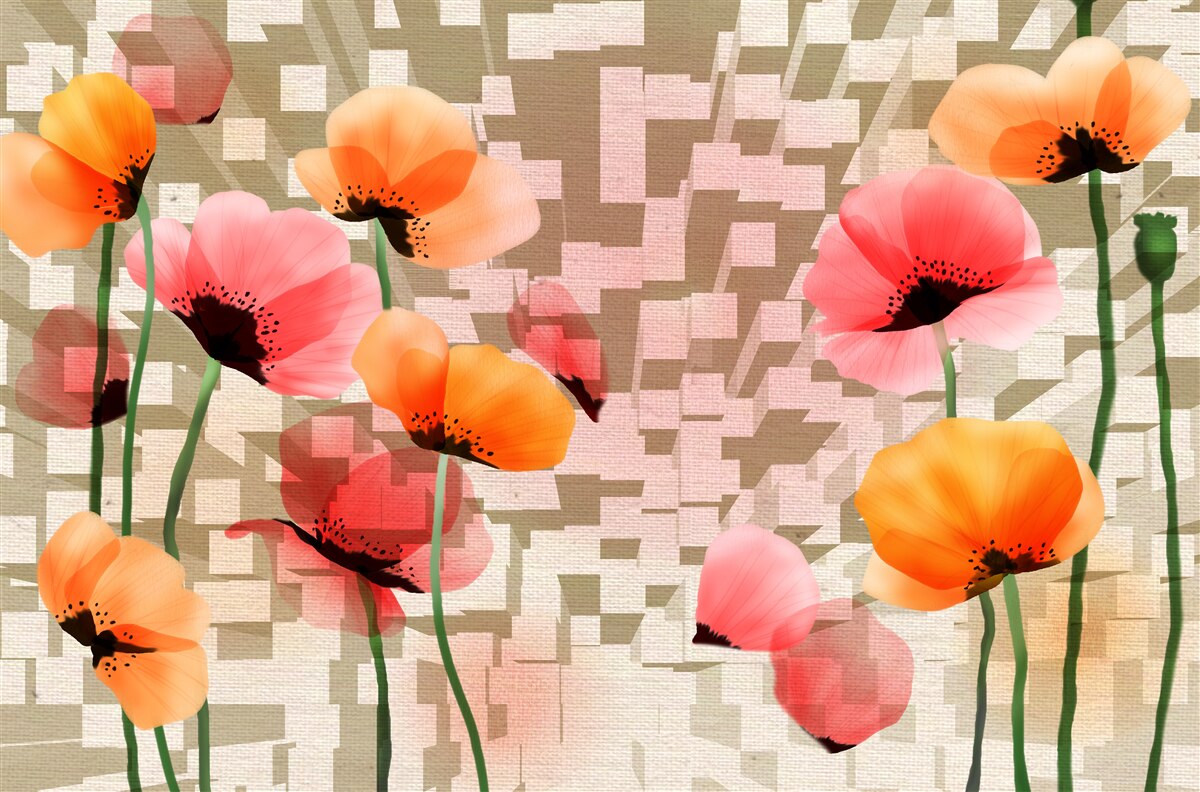 Fotobehang set van roze en perzik klaprozen