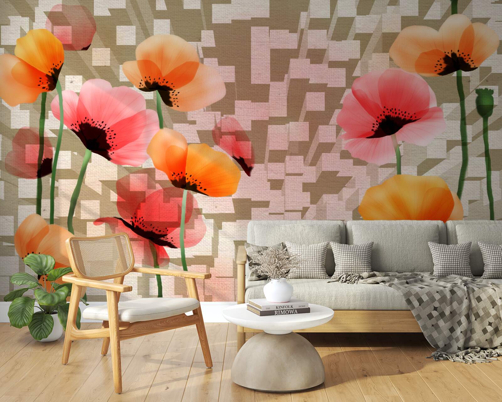 Fotobehang set van roze en perzik klaprozen