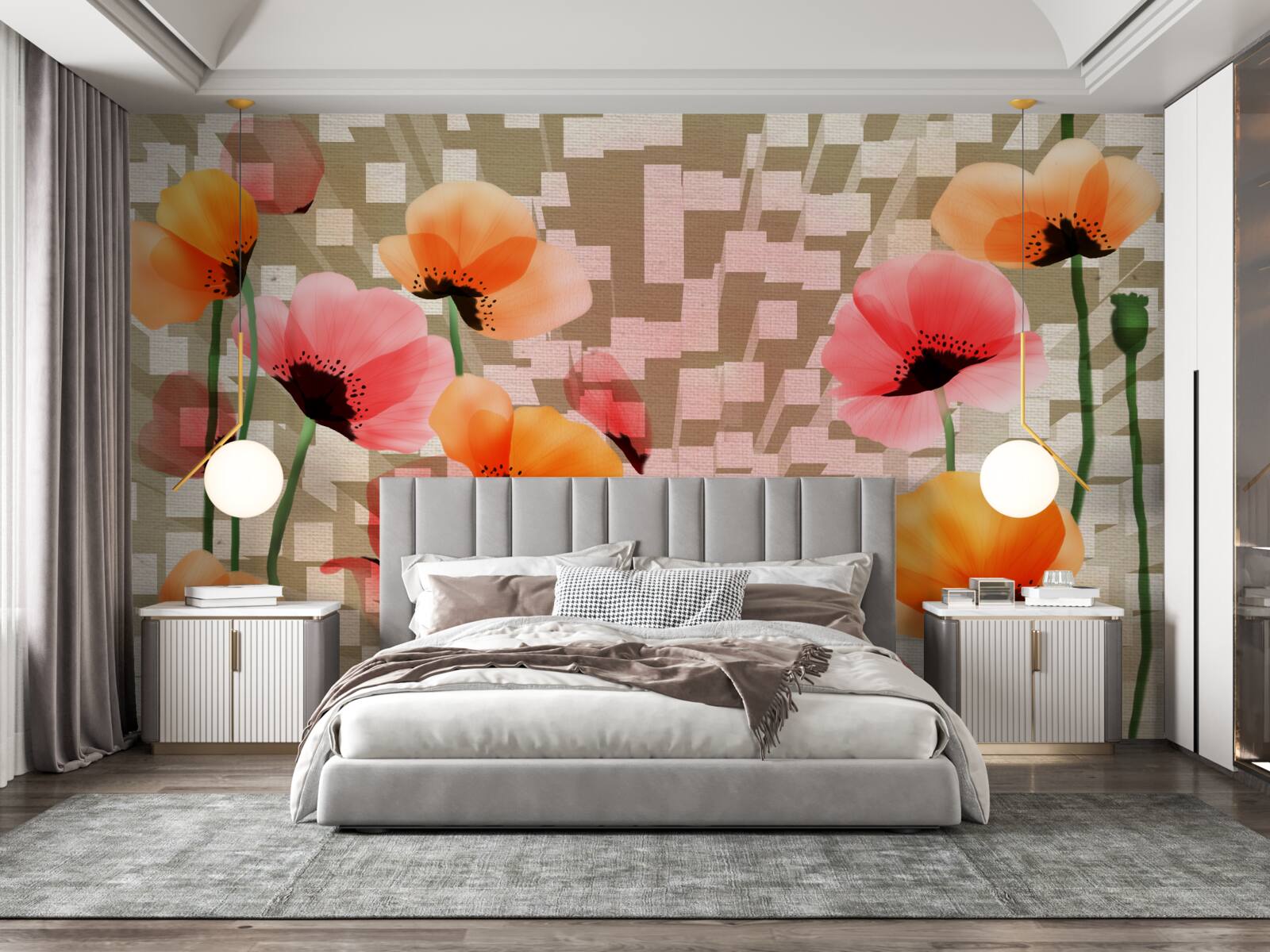 Fotobehang set van roze en perzik klaprozen