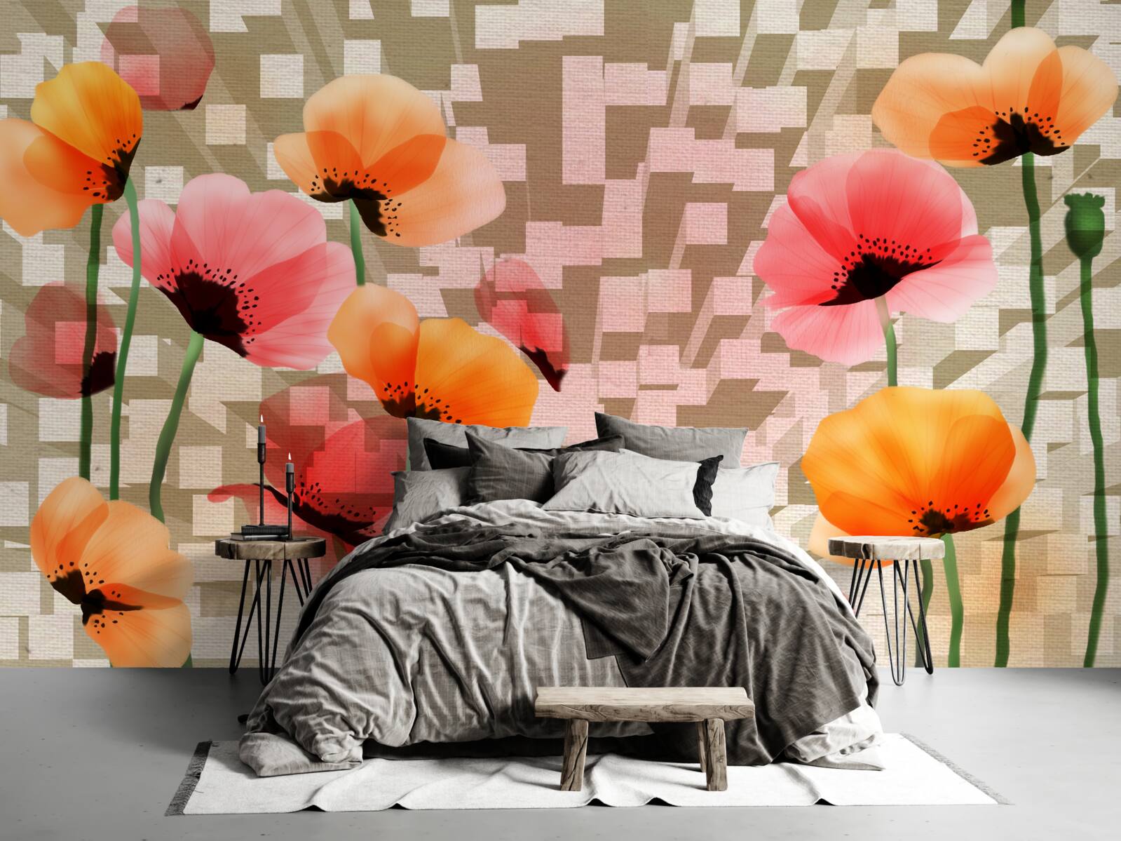 Fotobehang set van roze en perzik klaprozen