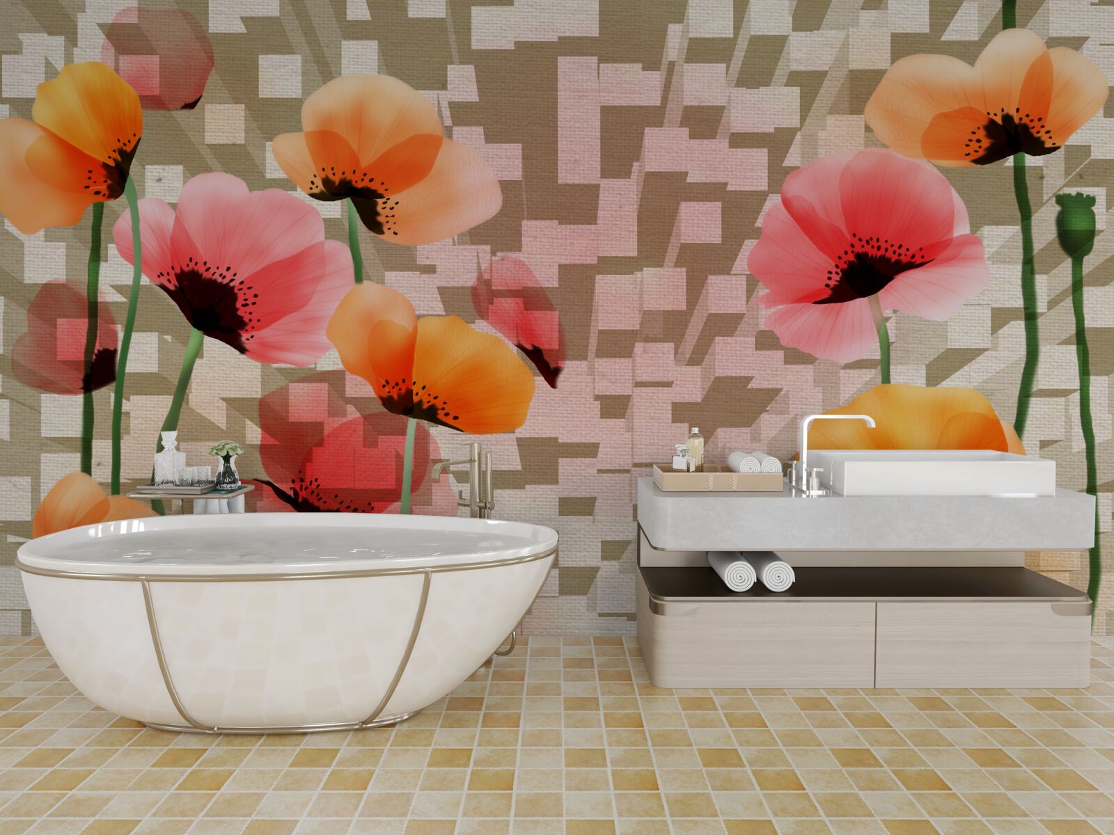 Fotobehang set van roze en perzik klaprozen