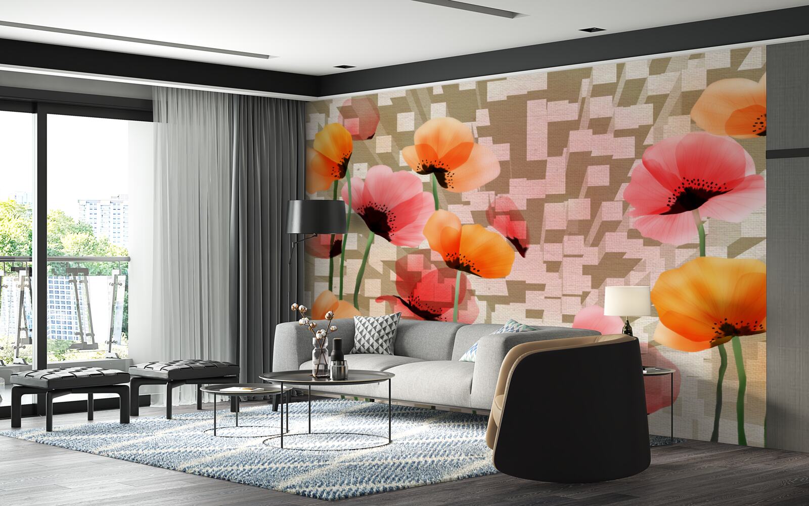 Fotobehang set van roze en perzik klaprozen