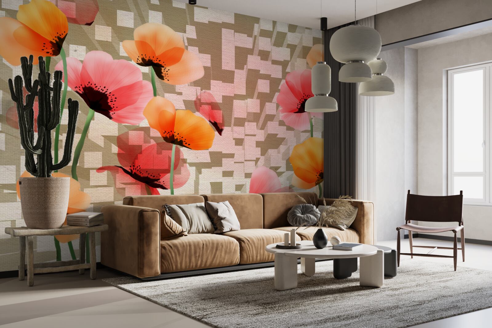 Fotobehang set van roze en perzik klaprozen