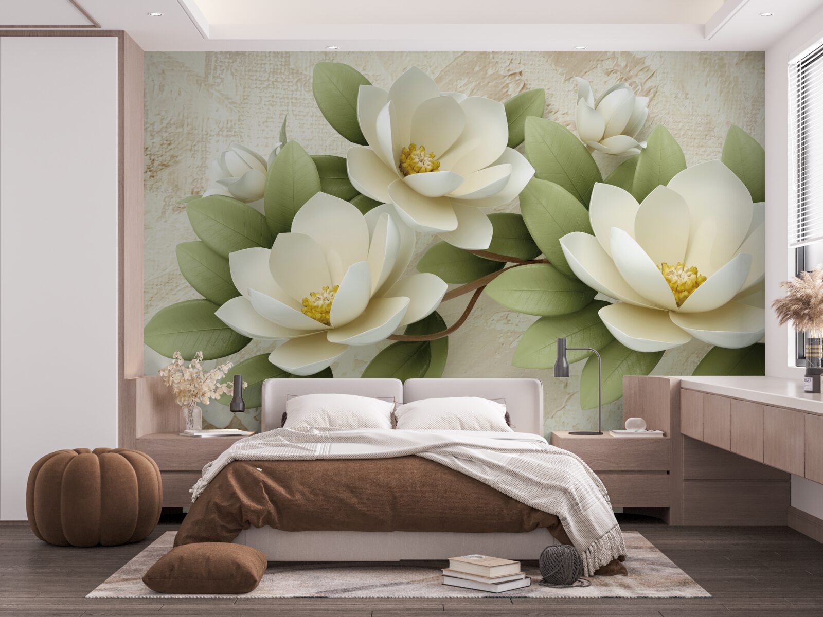 Fotobehang drie grote sneeuwwitte lotussen