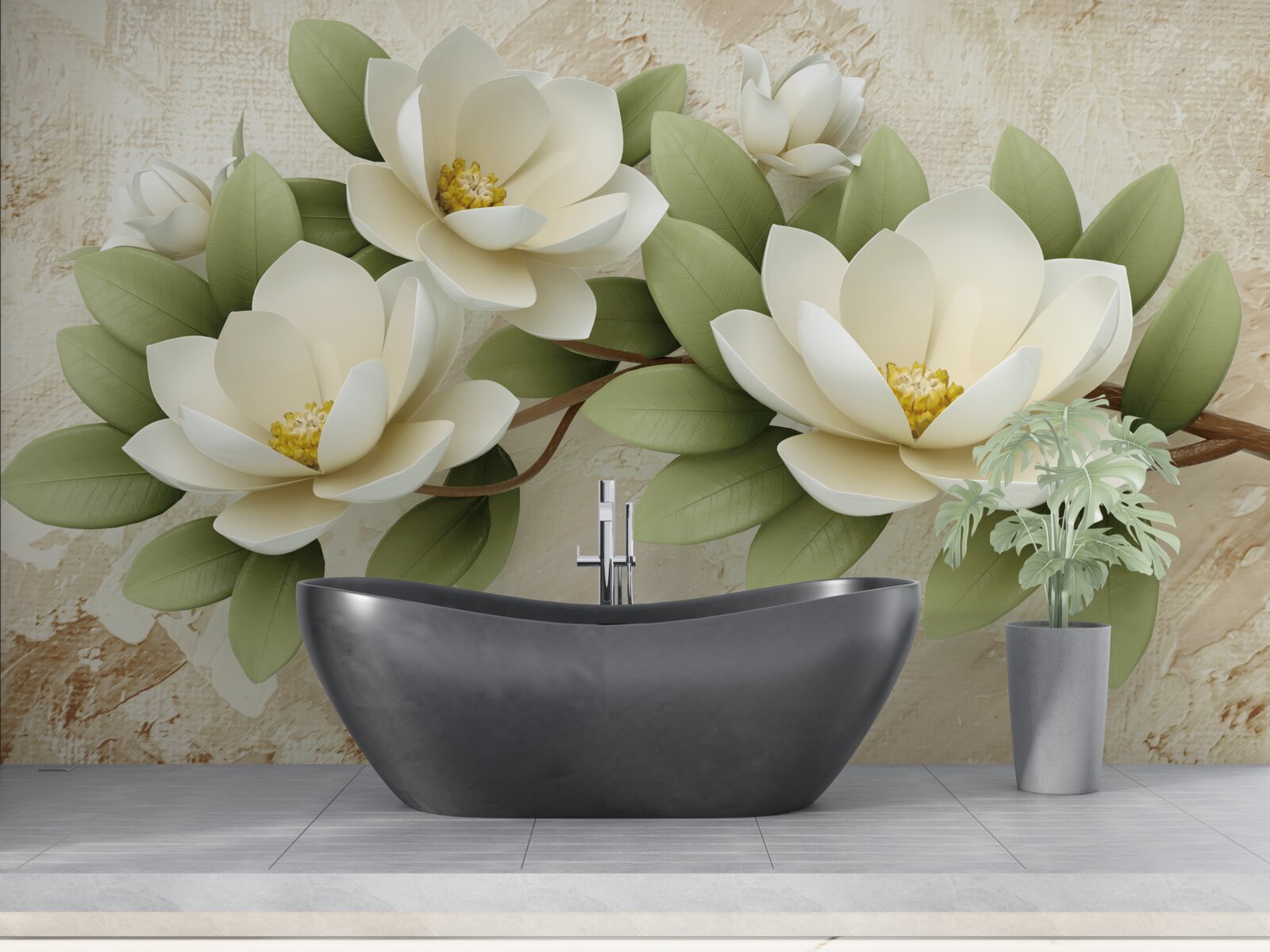 Fotobehang drie grote sneeuwwitte lotussen