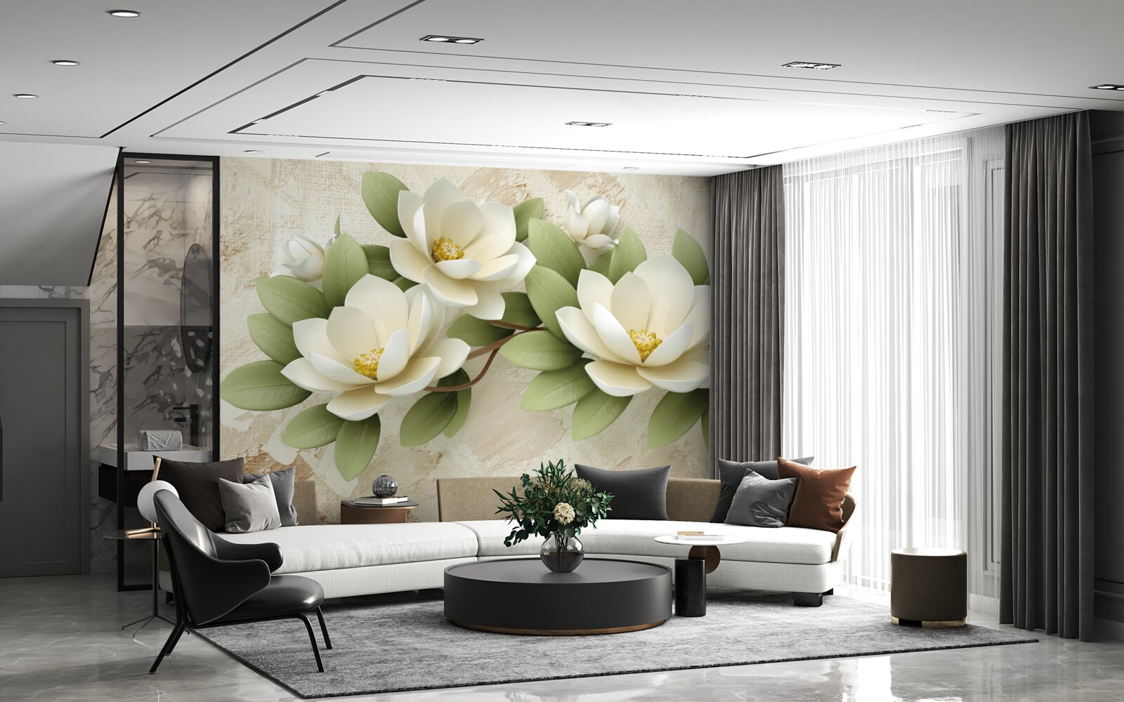 Fotobehang drie grote sneeuwwitte lotussen