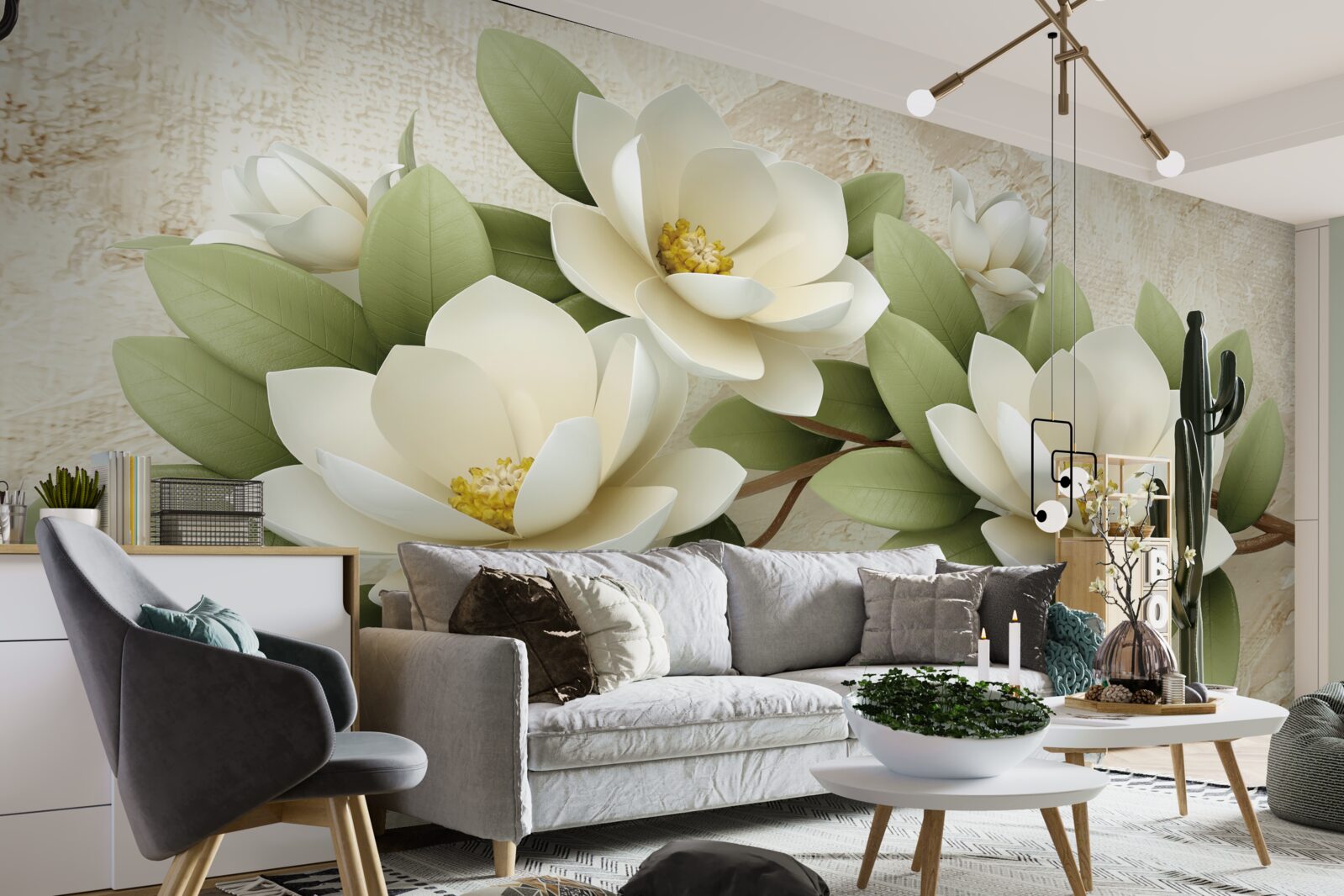 Fotobehang drie grote sneeuwwitte lotussen