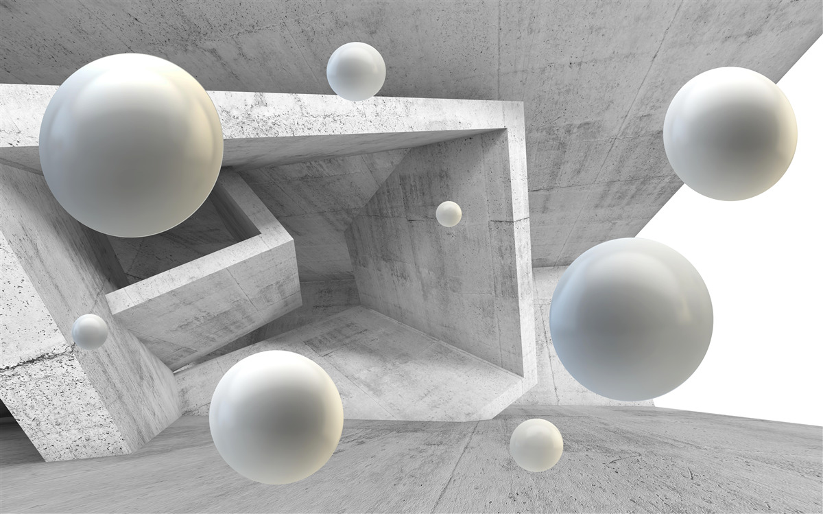 Fotobehang geometrisch gevormde tunnel en bolvormige voorwerpen