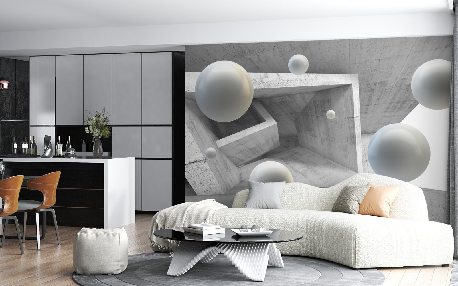 Fotobehang geometrisch gevormde tunnel en bolvormige voorwerpen