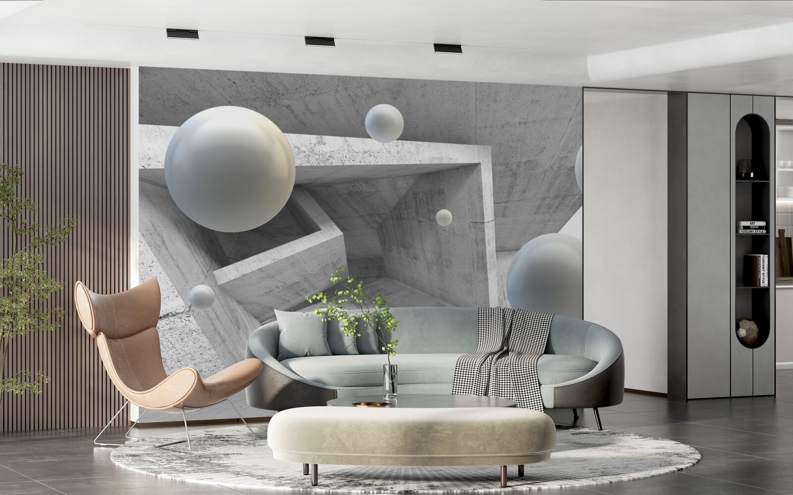 Fotobehang geometrisch gevormde tunnel en bolvormige voorwerpen