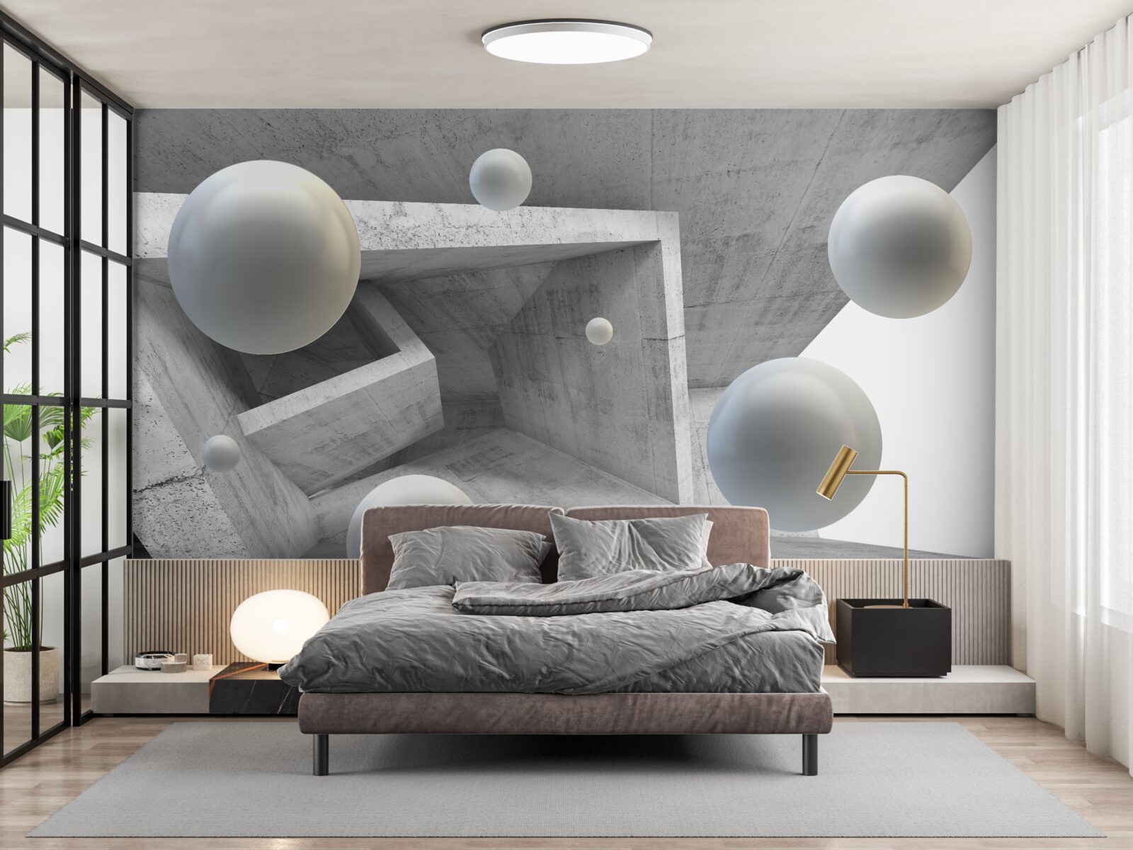 Fotobehang geometrisch gevormde tunnel en bolvormige voorwerpen