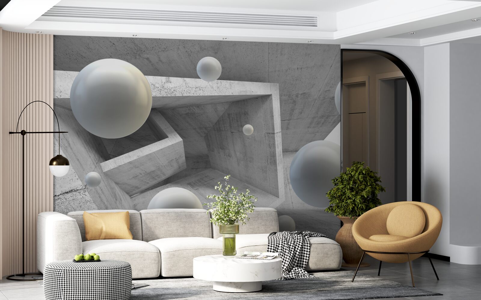 Fotobehang geometrisch gevormde tunnel en bolvormige voorwerpen