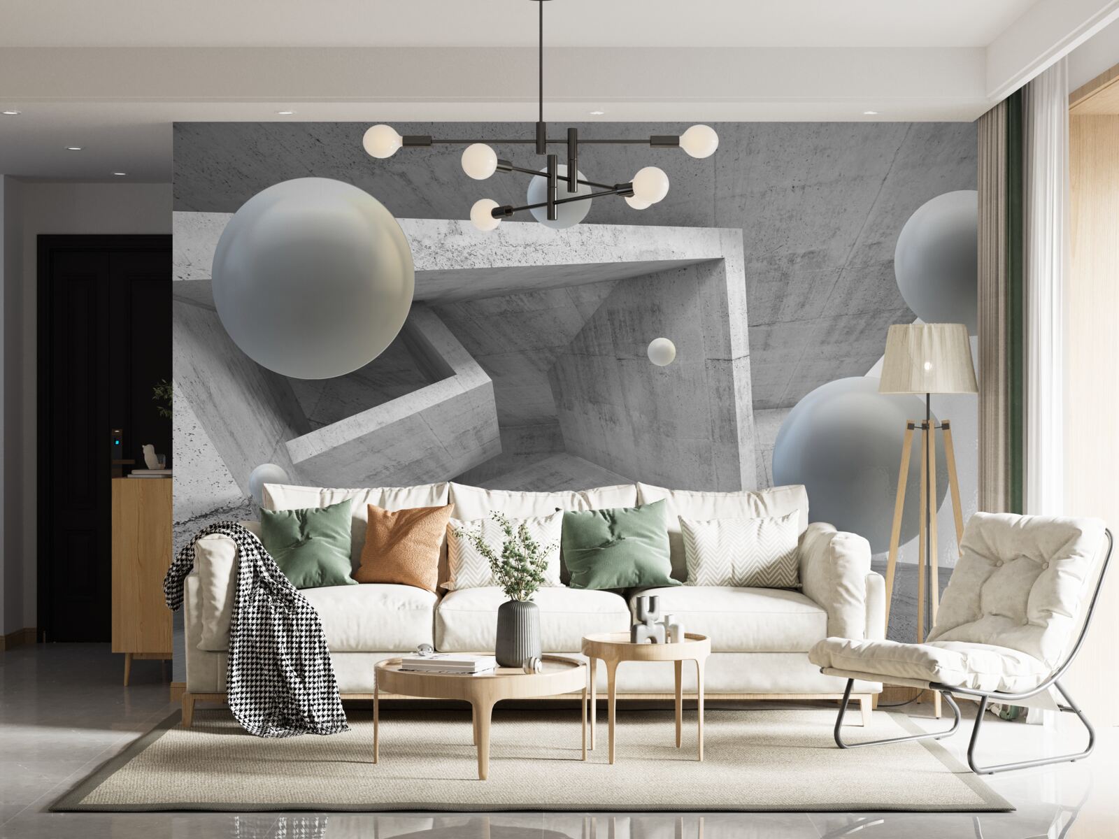 Fotobehang geometrisch gevormde tunnel en bolvormige voorwerpen