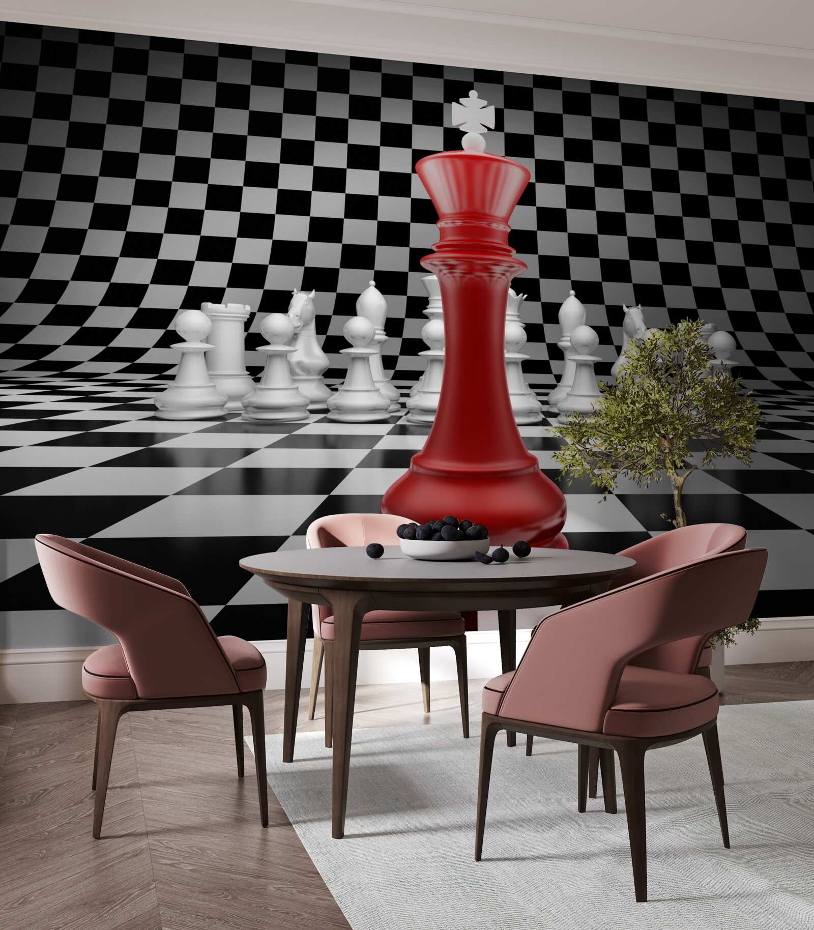 Fotobehang dambord koningin in rood