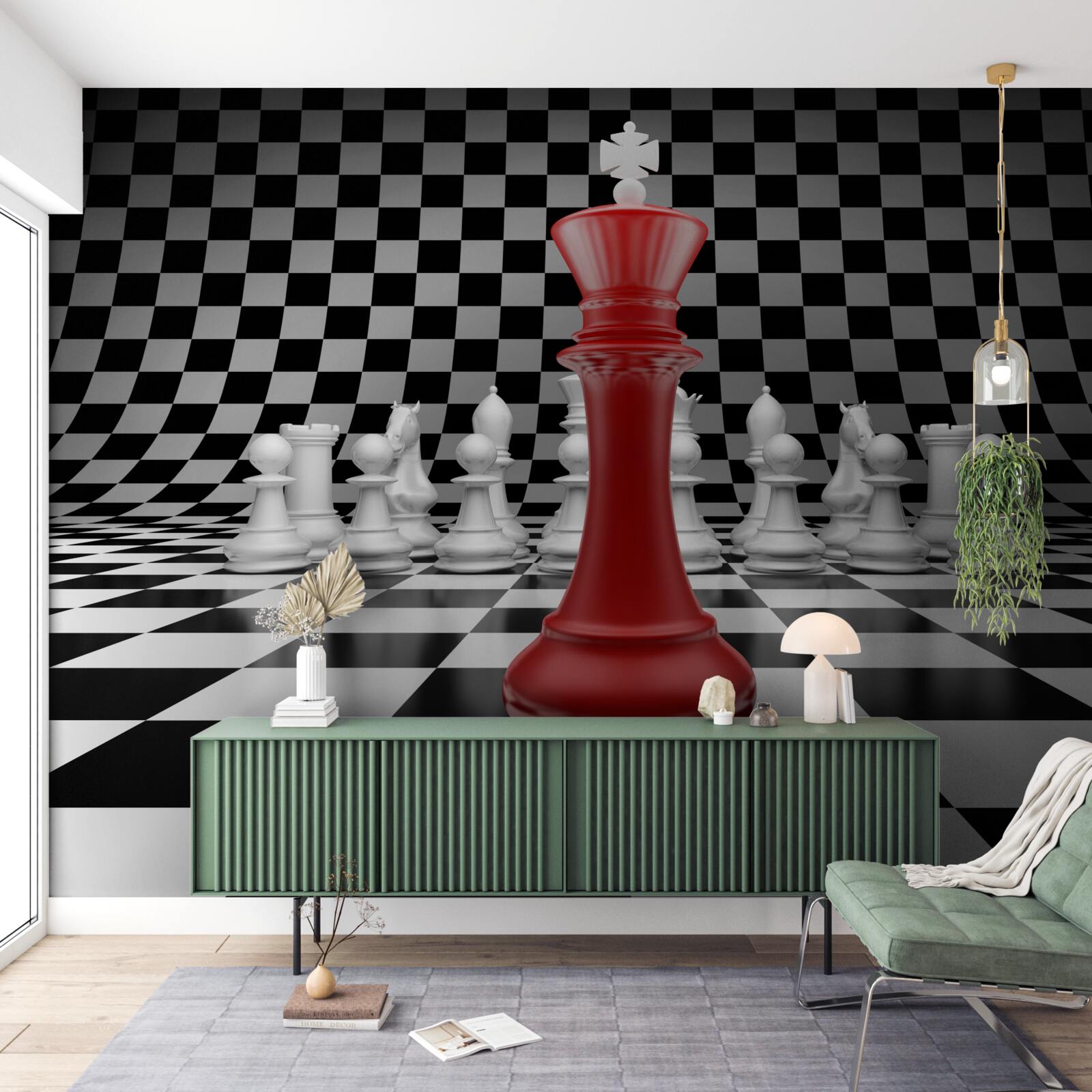 Fotobehang dambord koningin in rood